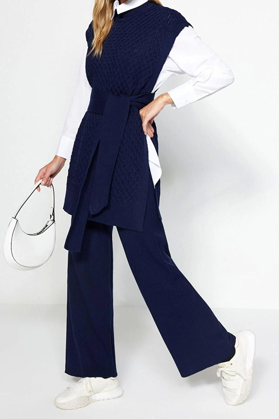 Moda Düz Dik Yaka Casual Günlük Kuşaklı Pirinç Örgü Süveter-Pantolon Triko Alt-Üst Takım