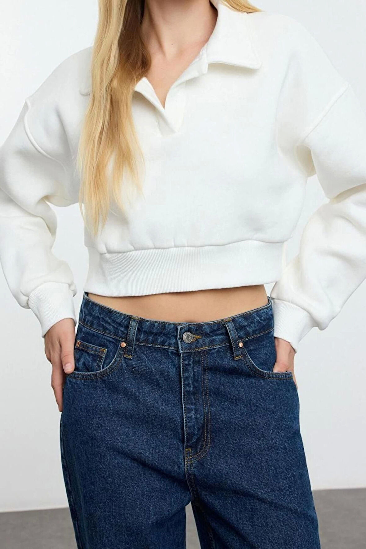 Tarz Oversize Polo Yaka Düşük Kol Uzun Rahat Kalıp Polo Yaka Kalın İçi Polarlı Örme Sweatshirt