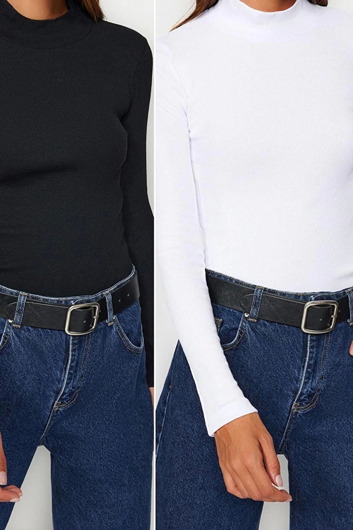 Stil Kadın 2li Paket Fitilli Fitted Vücuda Oturan Kol Esnek Bluz Regular Örme Slim Kalıp