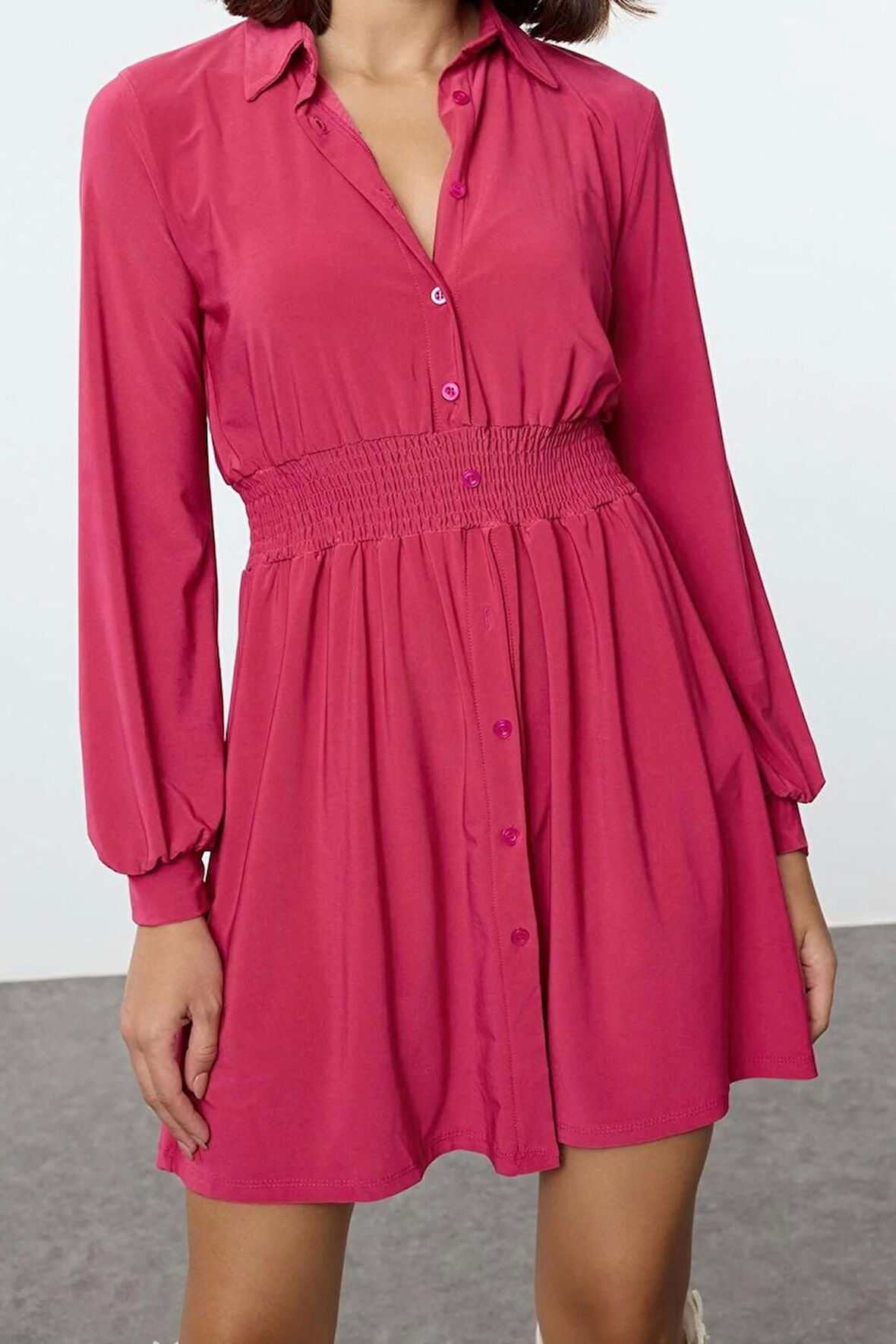 Moda Stil Slim Polo Yaka Mini Boy Beli Lastikli Örme Elbise