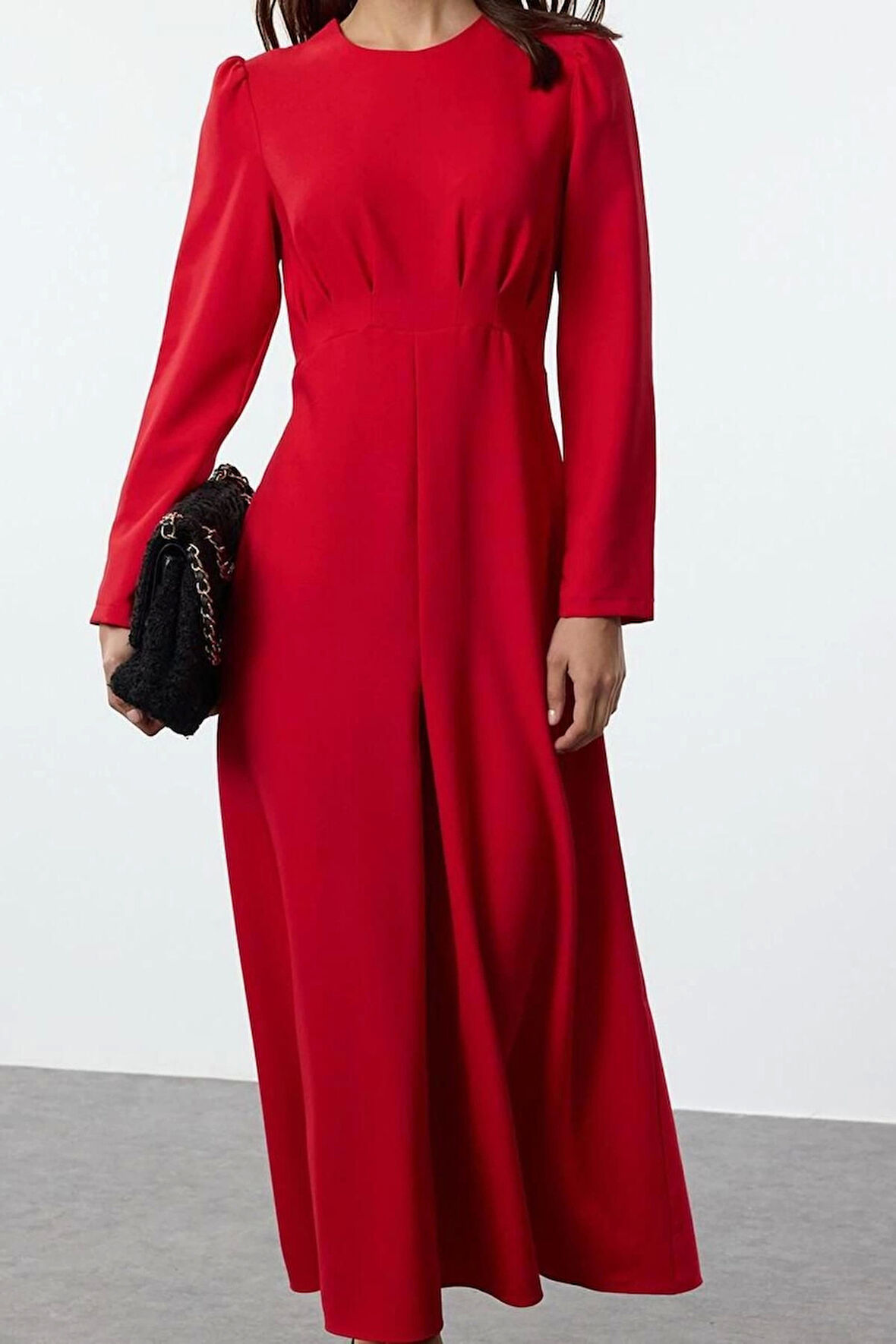 Moda Stil Fitted Bisiklet Yaka Maxi Boy Tesettür Dokuma Elbise