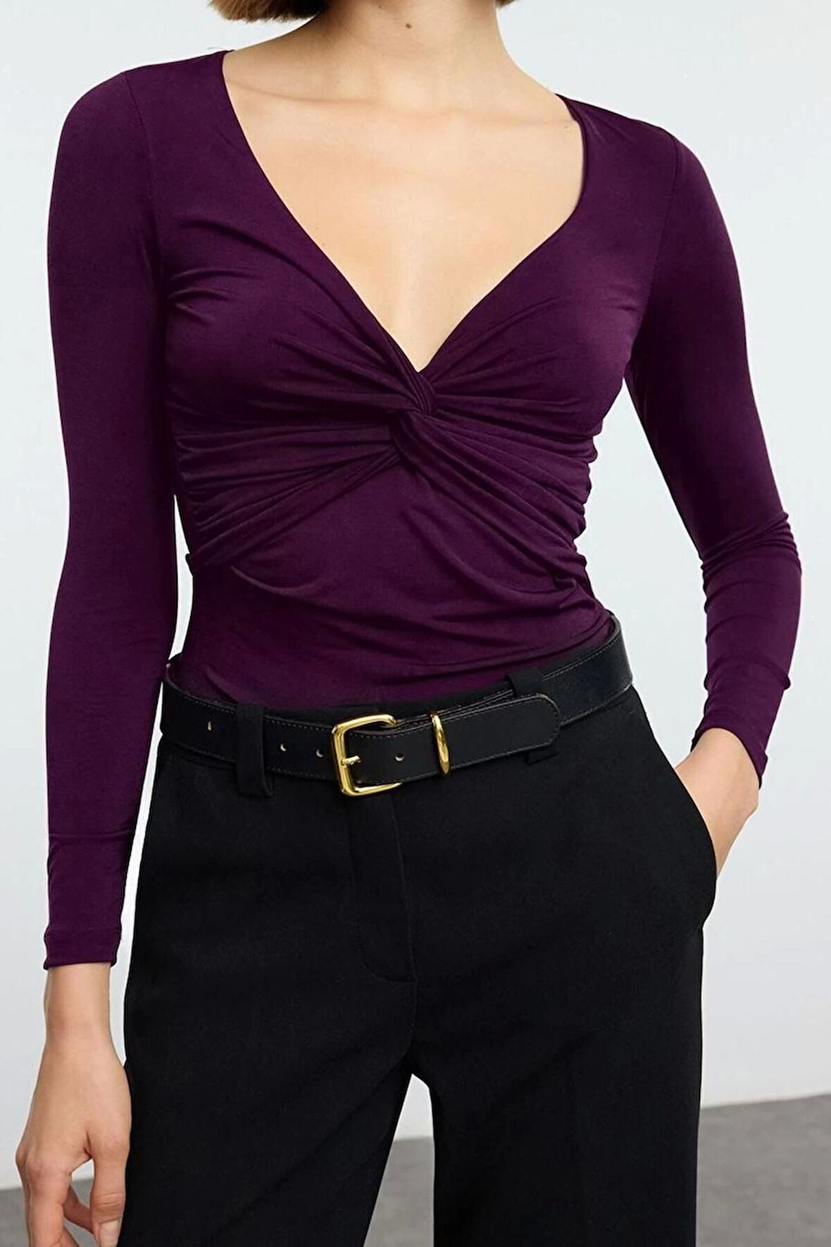 Stil Kadın Büzgü Drape Detaylı Fitted Vücuda Oturan Kollu Esnek Bluz Crop Örme Slim Kalıp