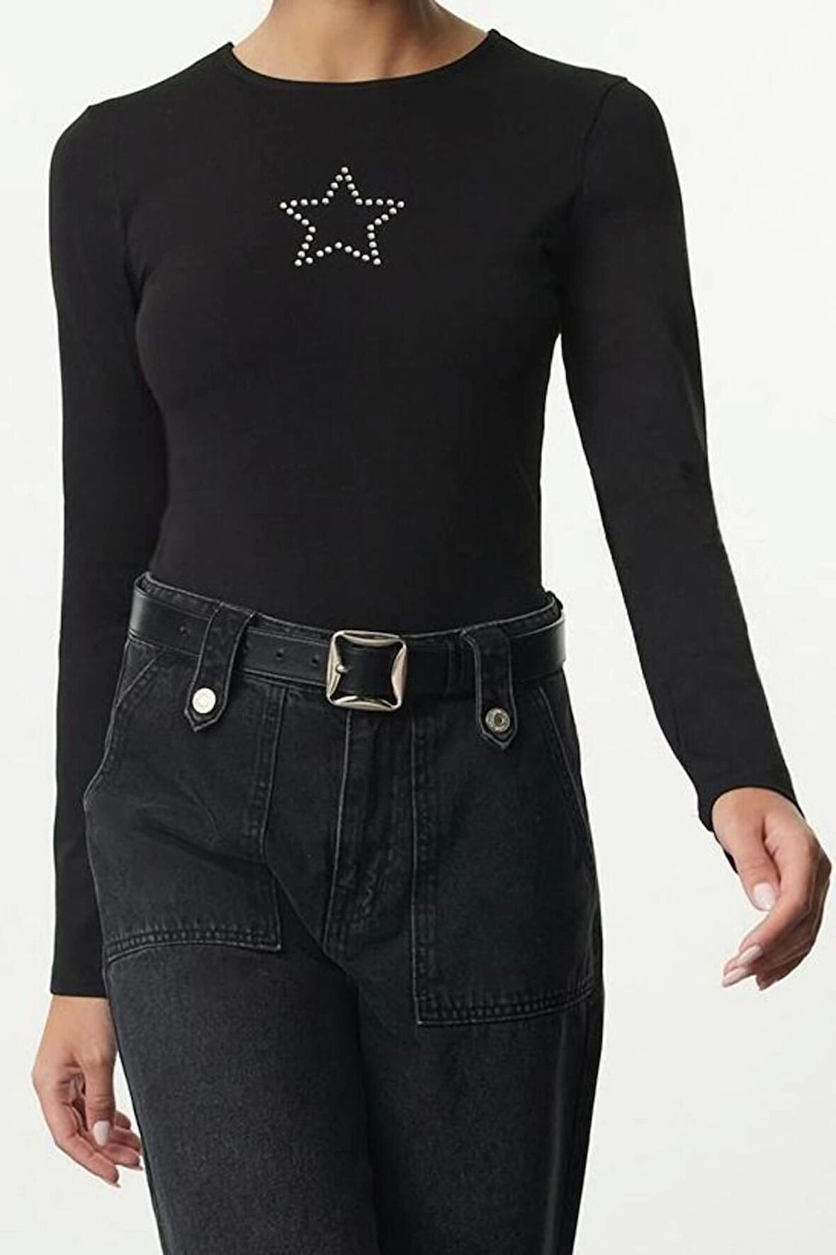 Stil Kadın Yıldız Taş Baskılı Fitted Vücuda Oturan Bluz Regular Örme Slim Kalıp