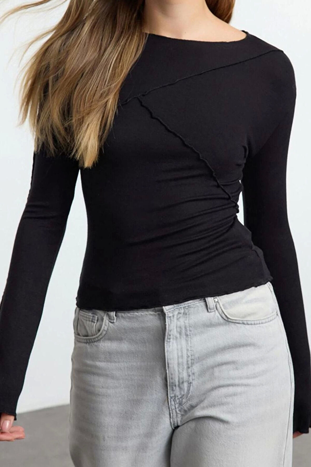 Stil Kadın Nervür Detaylı Fitted Vücuda Oturan Bluz Regular Örme Slim Kalıp İspanyol Kol