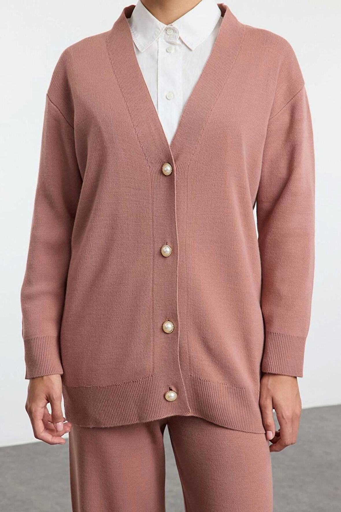 Tarz Kadın Modern Moda Normal Bel Boru Paça V Yaka İnci Düğmeli Hırka-Pantolon Triko Alt-Üst Takım