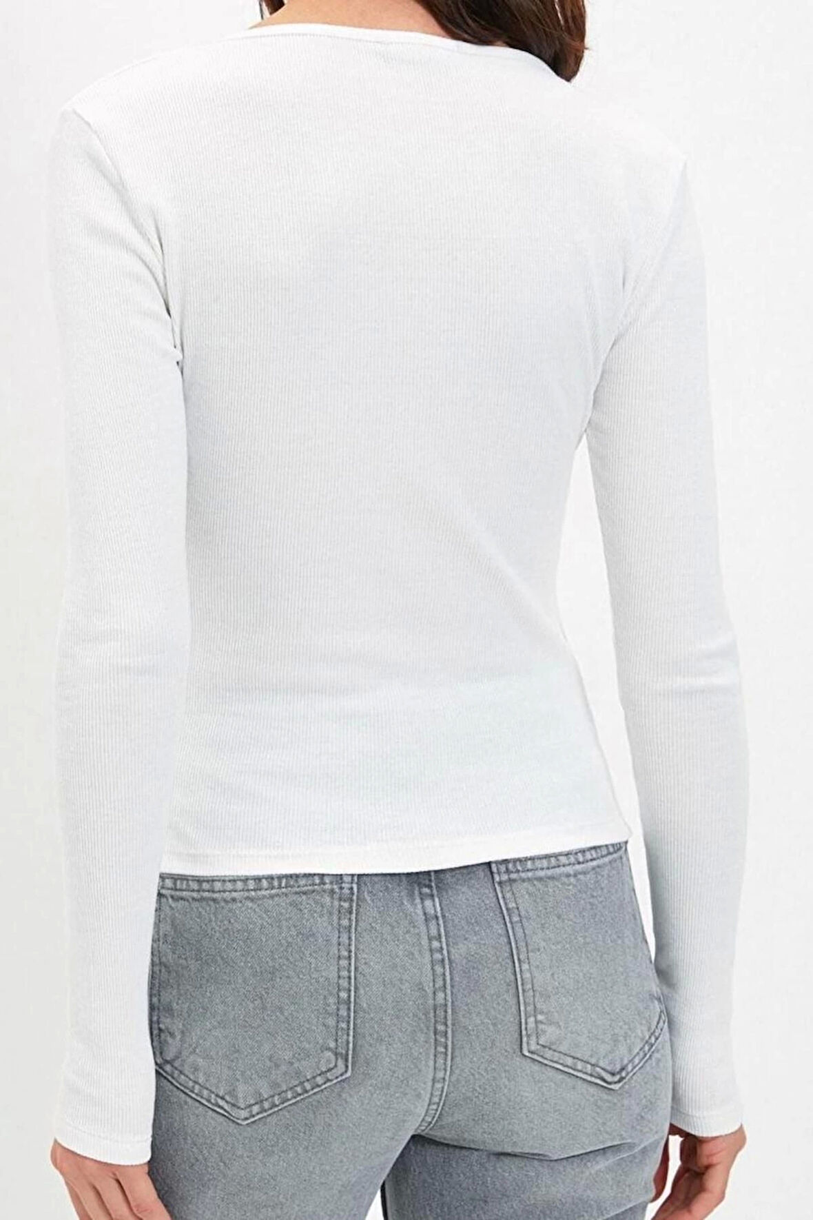 Stil Kadın Fitted Vücuda Oturan Yaka Kol Fitilli Esnek Bluz Regular Örme Slim Kalıp