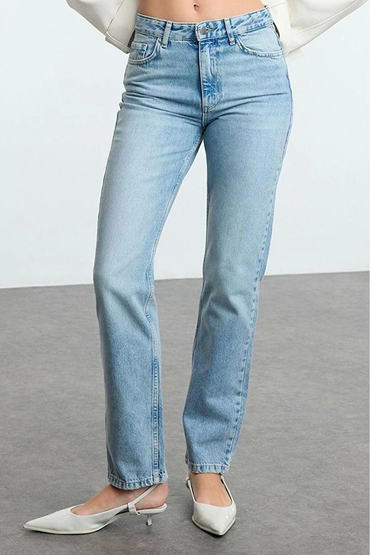 Stil Kadın Moda Denim Kot Pantolon Uzun Boru Paça Düşük Bel Comfort Straight Jeans