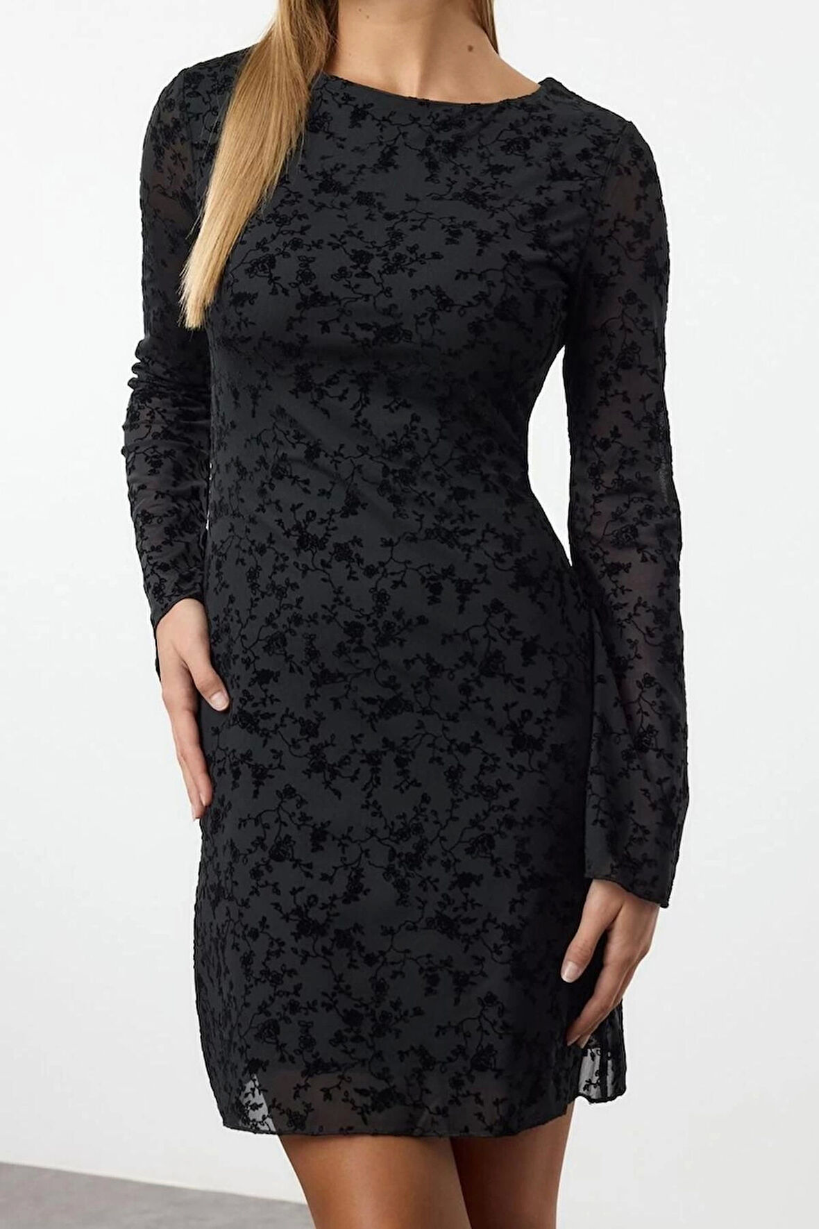 Moda Stil Slim Kayık Yaka Mini Boy Flok Baskılı Vücuda Oturan Örme Elbise