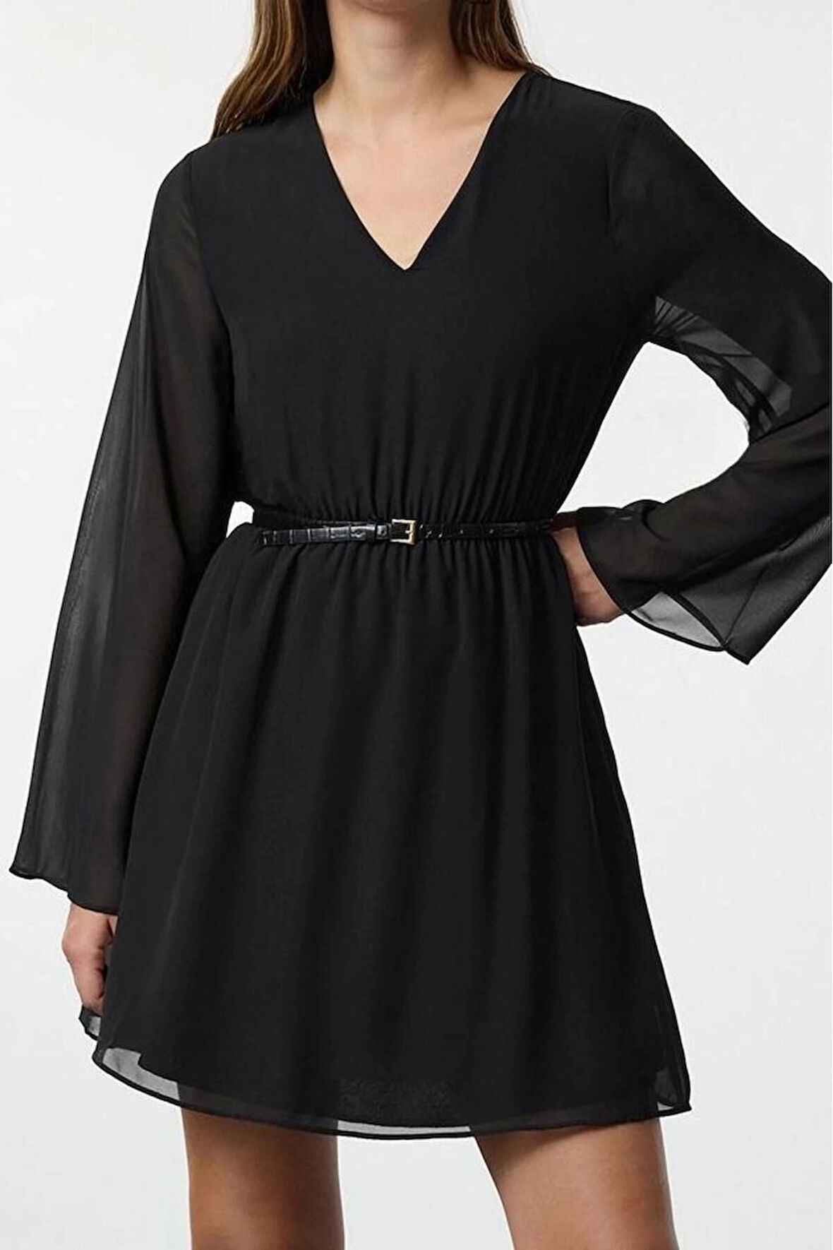 Moda Stil Regular Kruvaze Mini Boy Eteği Belden Açılan Astarlı Şifon Dokuma Elbise