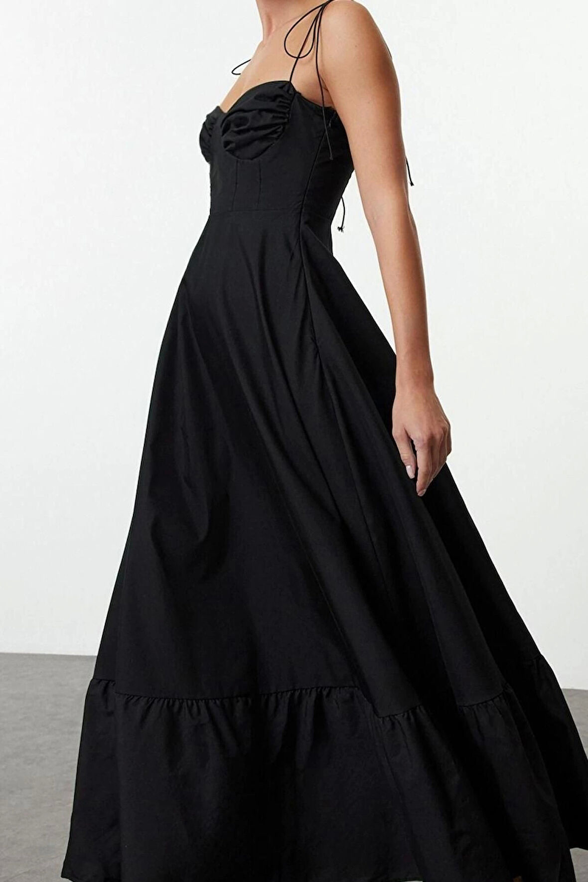 Moda Stil Regular Kalp Yaka Maxi Boy Drape Detaylı Dokuma Elbise