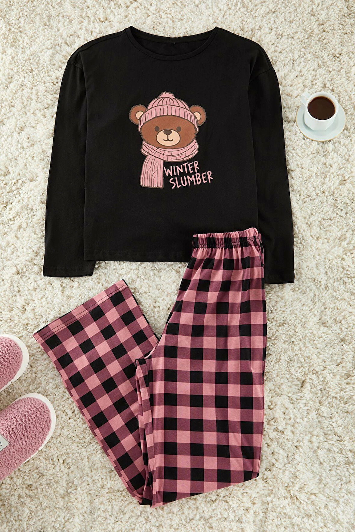 Tarz Rahat Uzun Kollu Geniş Paça %100 Pamuklu Ayıcık Baskılı Ekoseli Örme Pijama Takımı