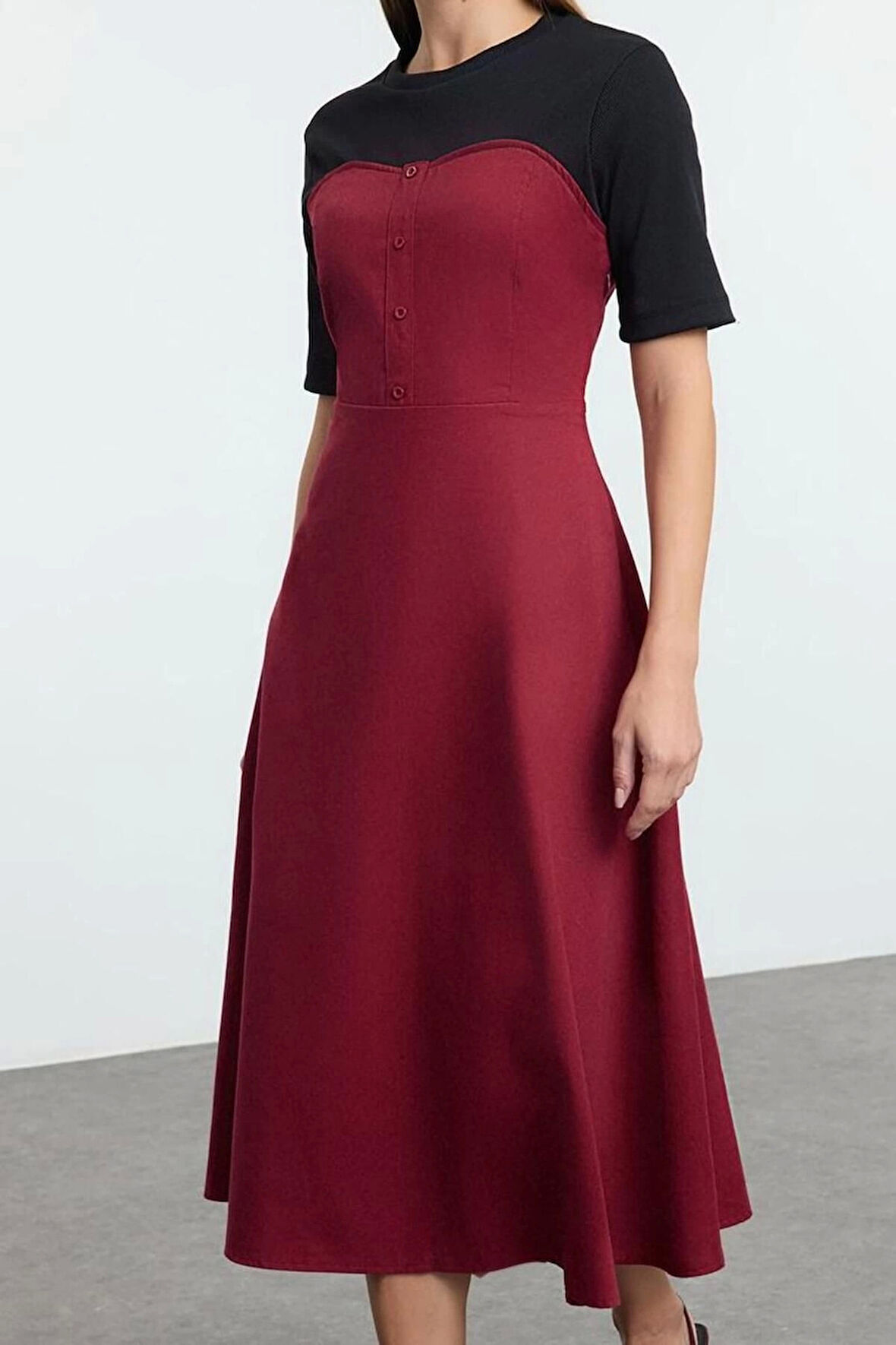Moda Stil Regular Bisiklet Yaka Midi Boy Düz Dokuma Elbise