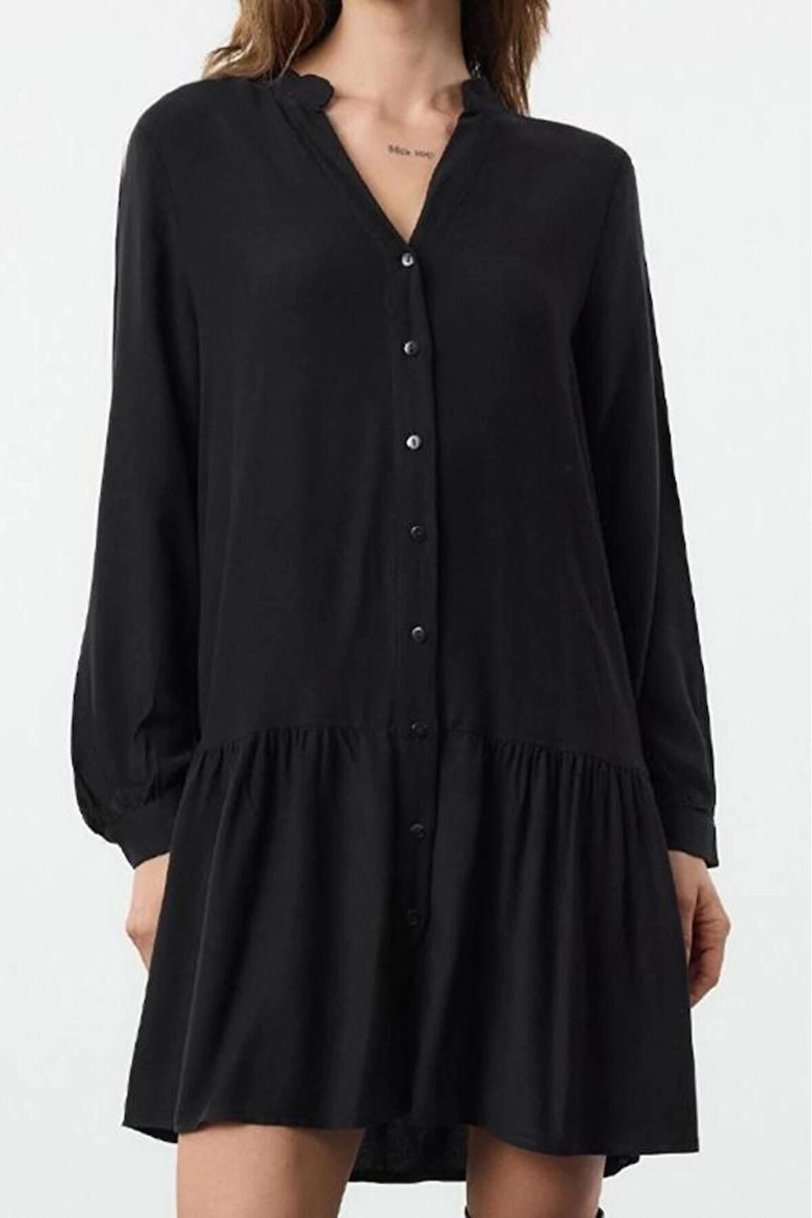 Moda Stil Regular Hakim Yaka Mini Boy Kalın Viskon Dokuma Gömlek Elbise