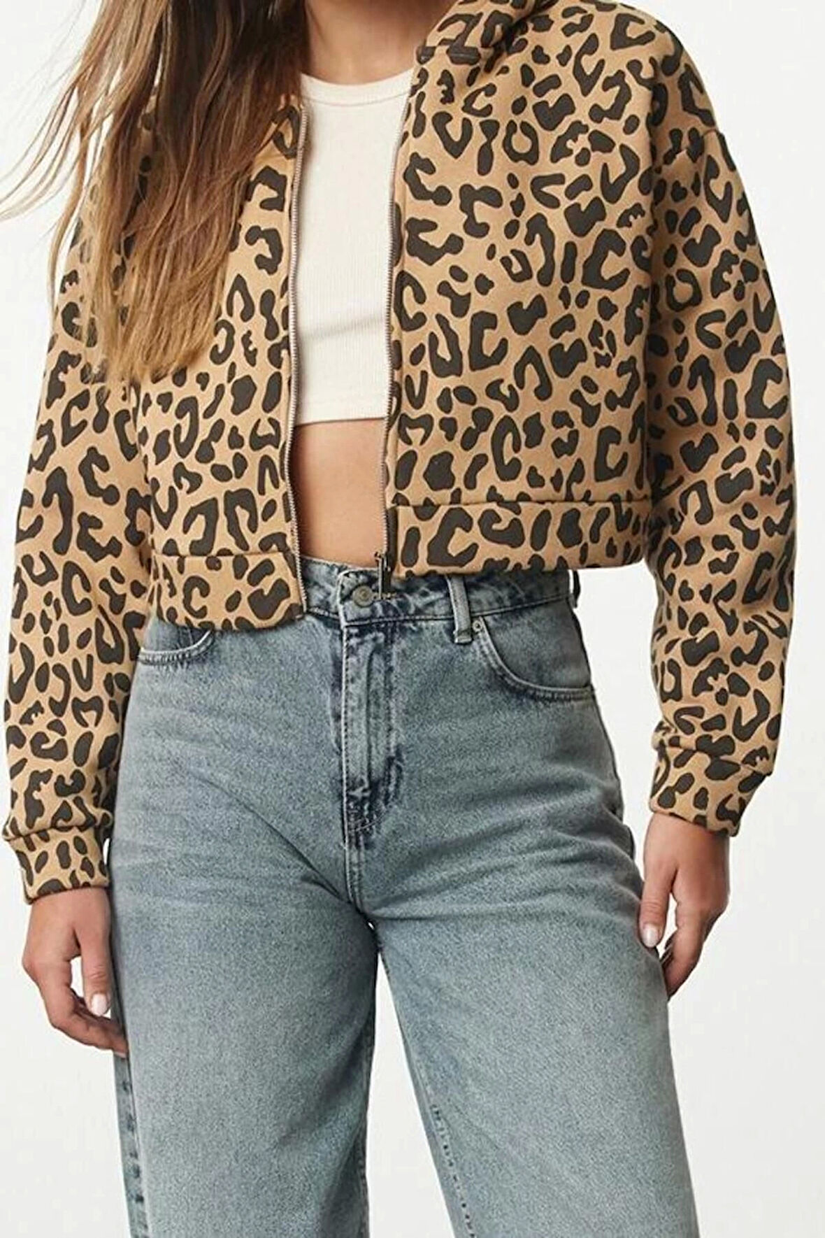 Tarz Crop Fermuarlı Yaka Düşük Kol Crop Animal Leopar Desenli Crop Örme Sweatshirt