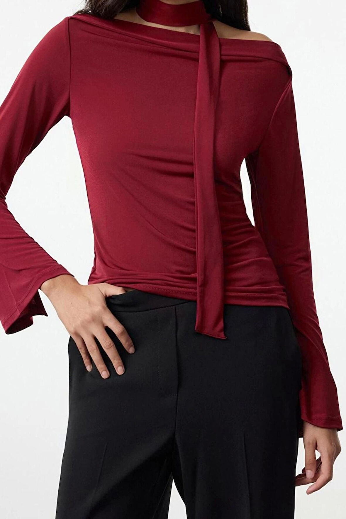 Stil Kadın Şal Detaylı Fitted Vücuda Oturan Esnek Bluz Regular Örme Slim Kalıp Düşük Kol