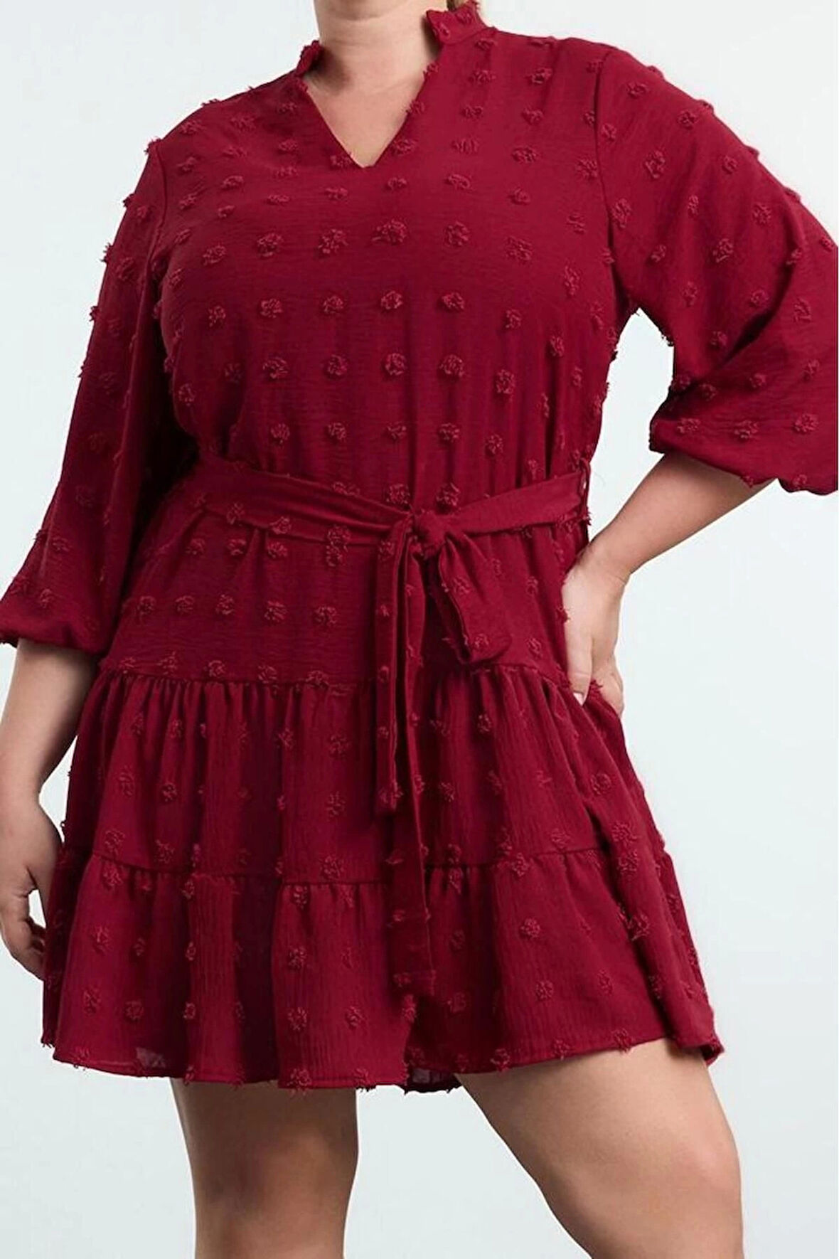 Moda Stil Fitted V Yaka Midi Boy Büyük Beden Balon Kol Kuşaklı Ponponlu Dokuma Büyük Beden Elbise