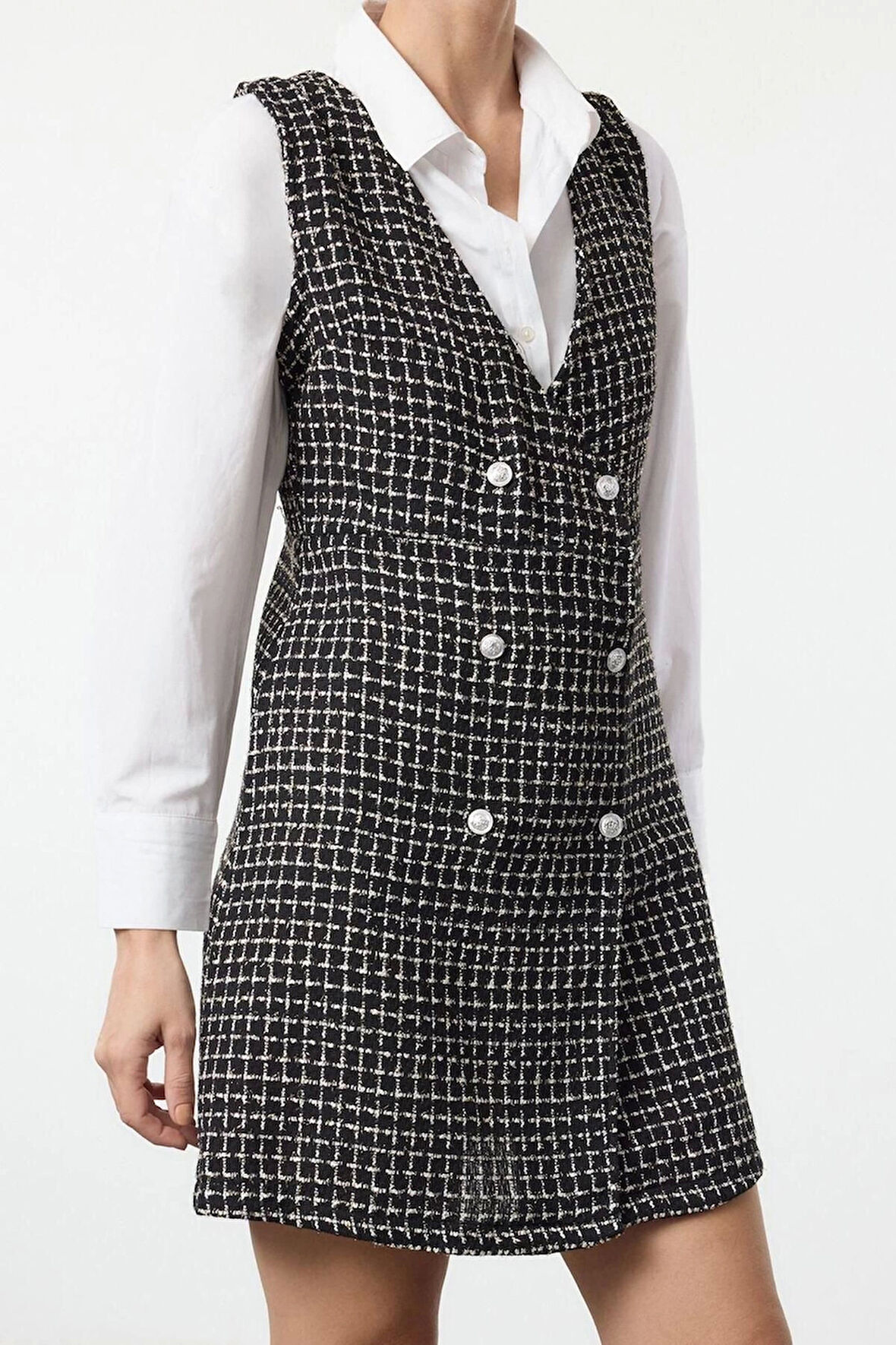 Moda Stil Regular V Yaka Mini Boy Tüvit Kumaş Jile Dokuma Elbise