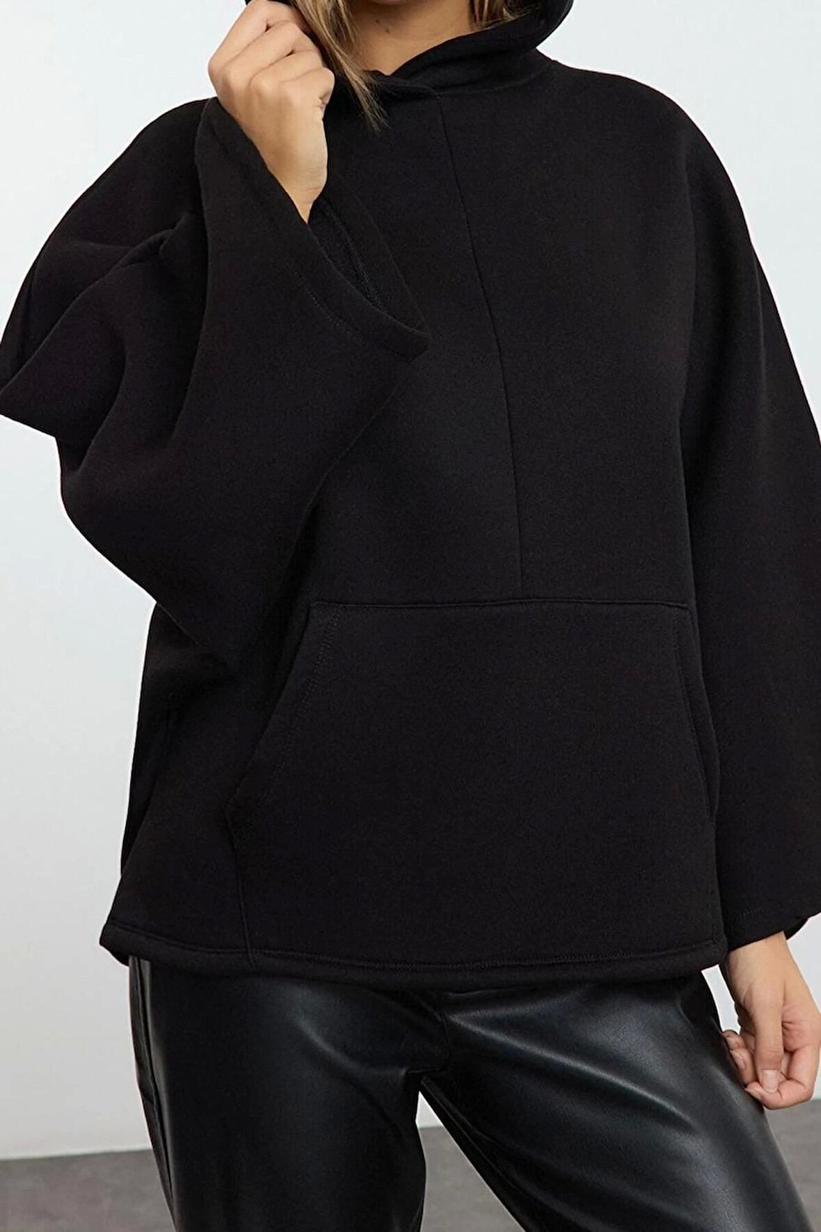 Tarz Bol Kapüşonlu Yarasa Kol Uzun Yarasa Kol Overize Geniş Kalıp Örme Sweatshirt