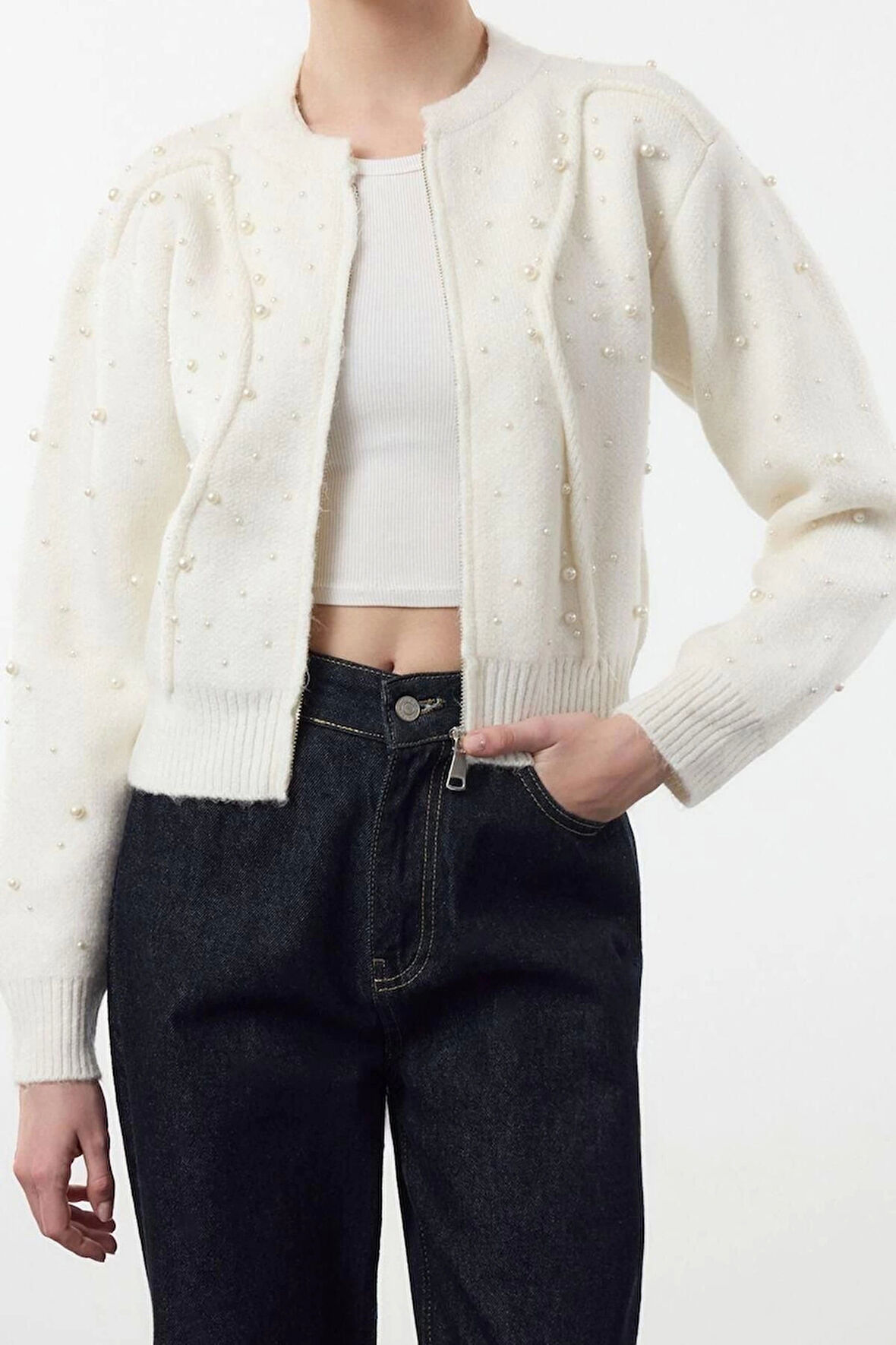 Stil Kadın Regular Standart Kol Bomber Yaka Yumuşak Fermuarlı Taşlı Ceket Görünümlü Triko Hırka