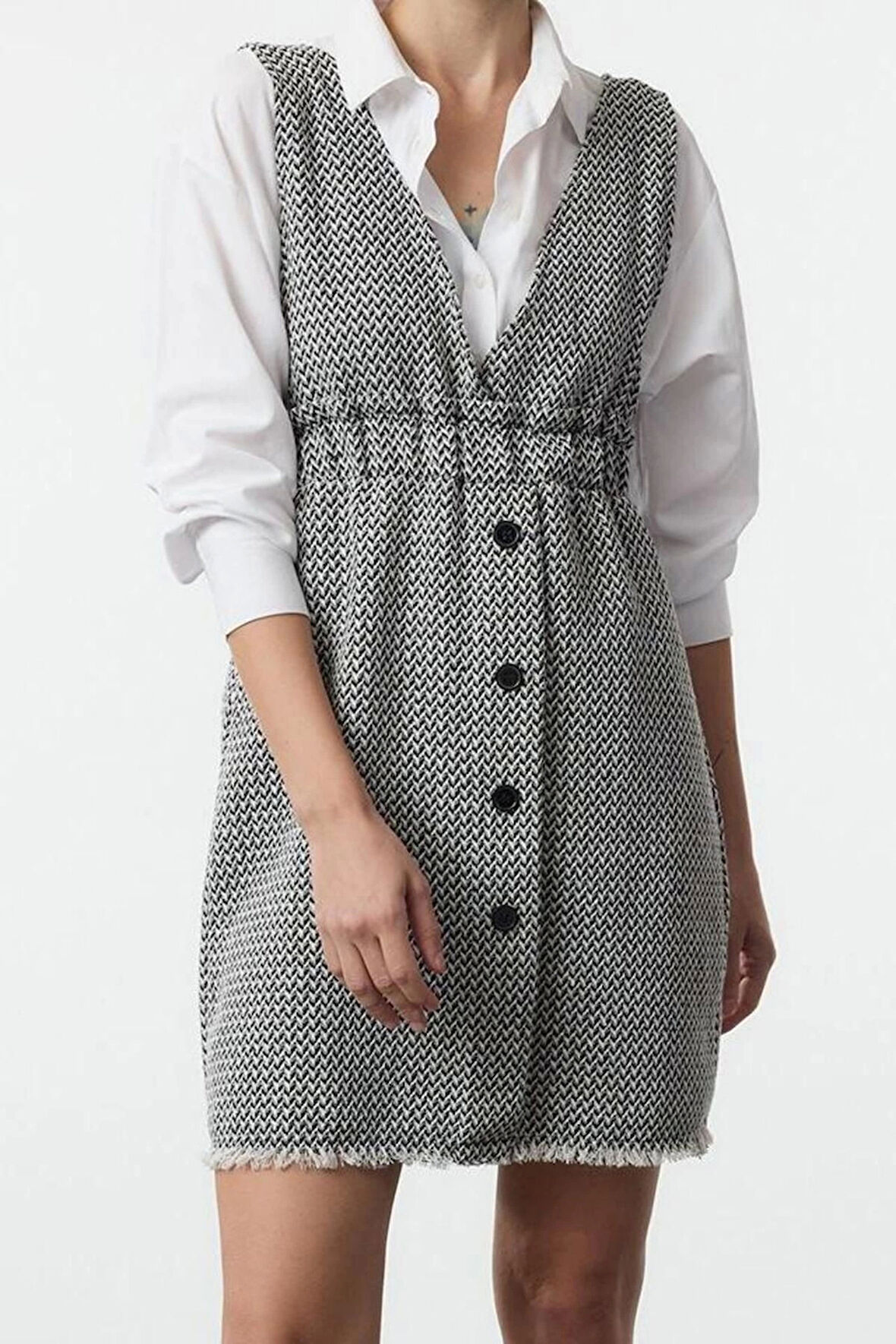 Moda Stil Regular V Yaka Mini Boy Tüvit Kumaş Jile Dokuma Elbise