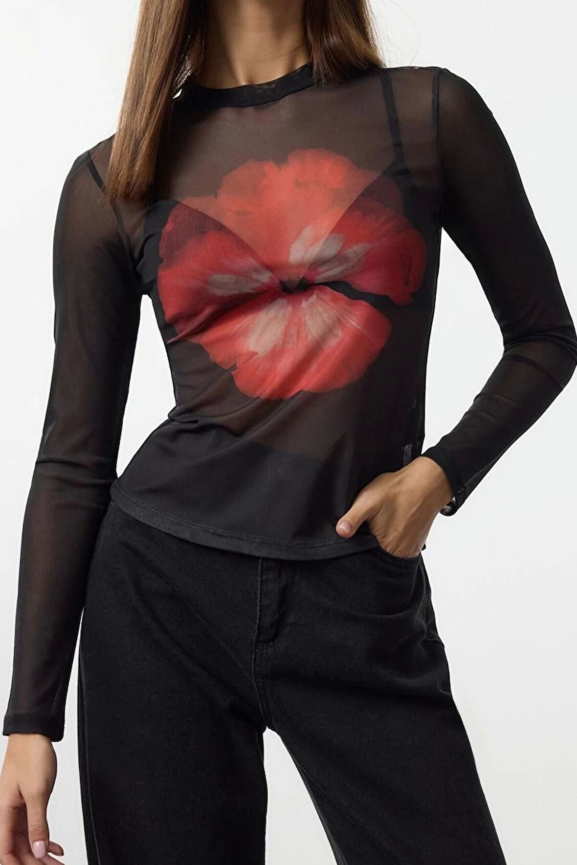 Stil Kadın Siyah Çiçek Baskılı Fitted Vücuda Oturan Tül Esnek Bluz Regular Örme Slim Kalıp