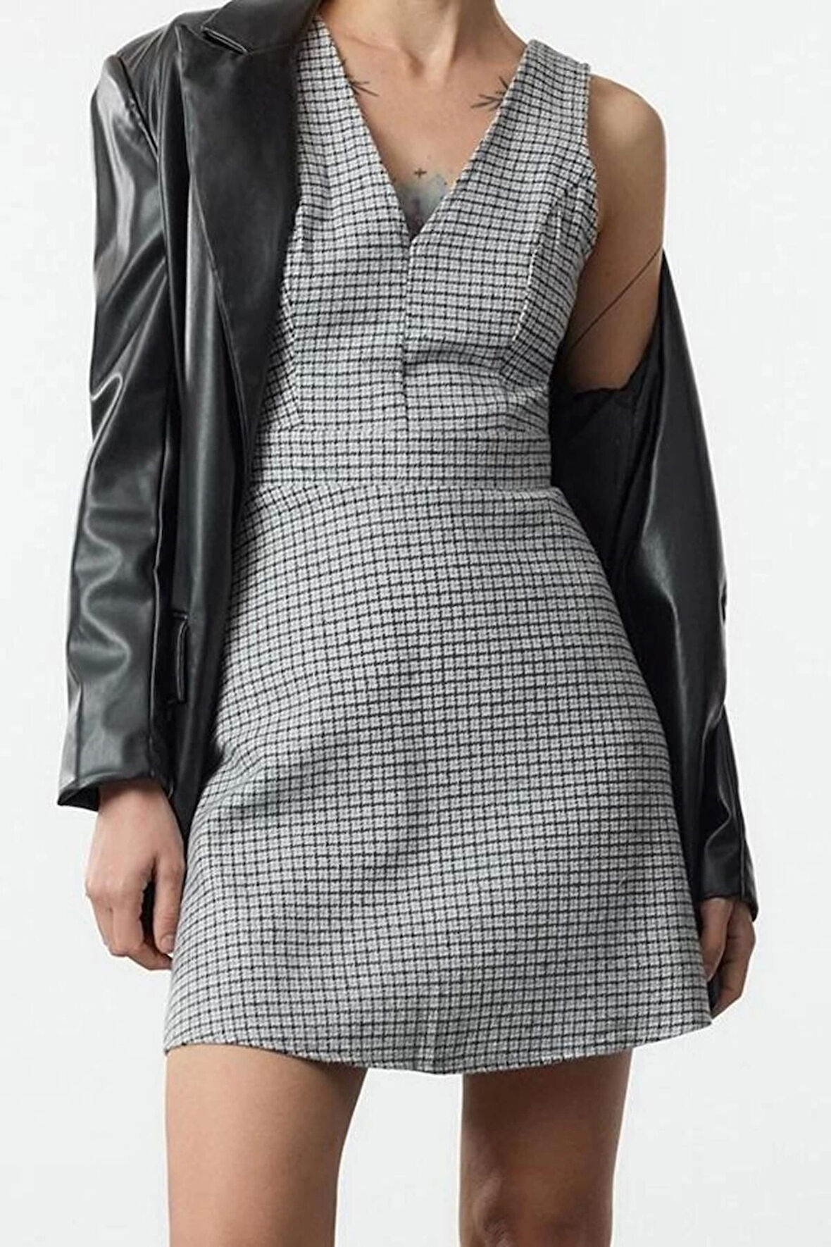 Moda Stil Regular V Yaka Mini Boy Ekose Kareli Dokuma Elbise
