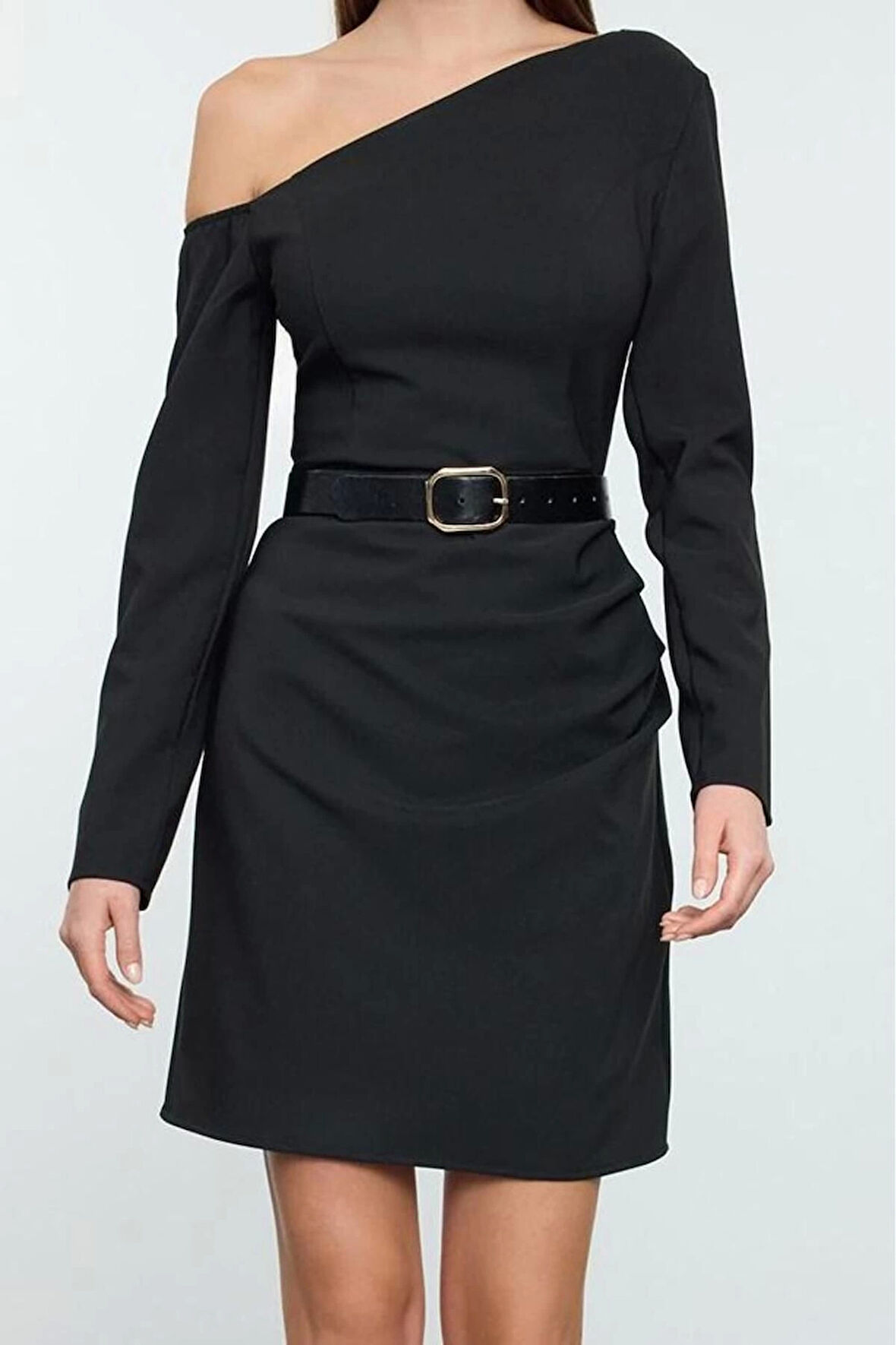 Moda Stil Regular Asimetrik Yaka Mini Boy Dokuma Elbise