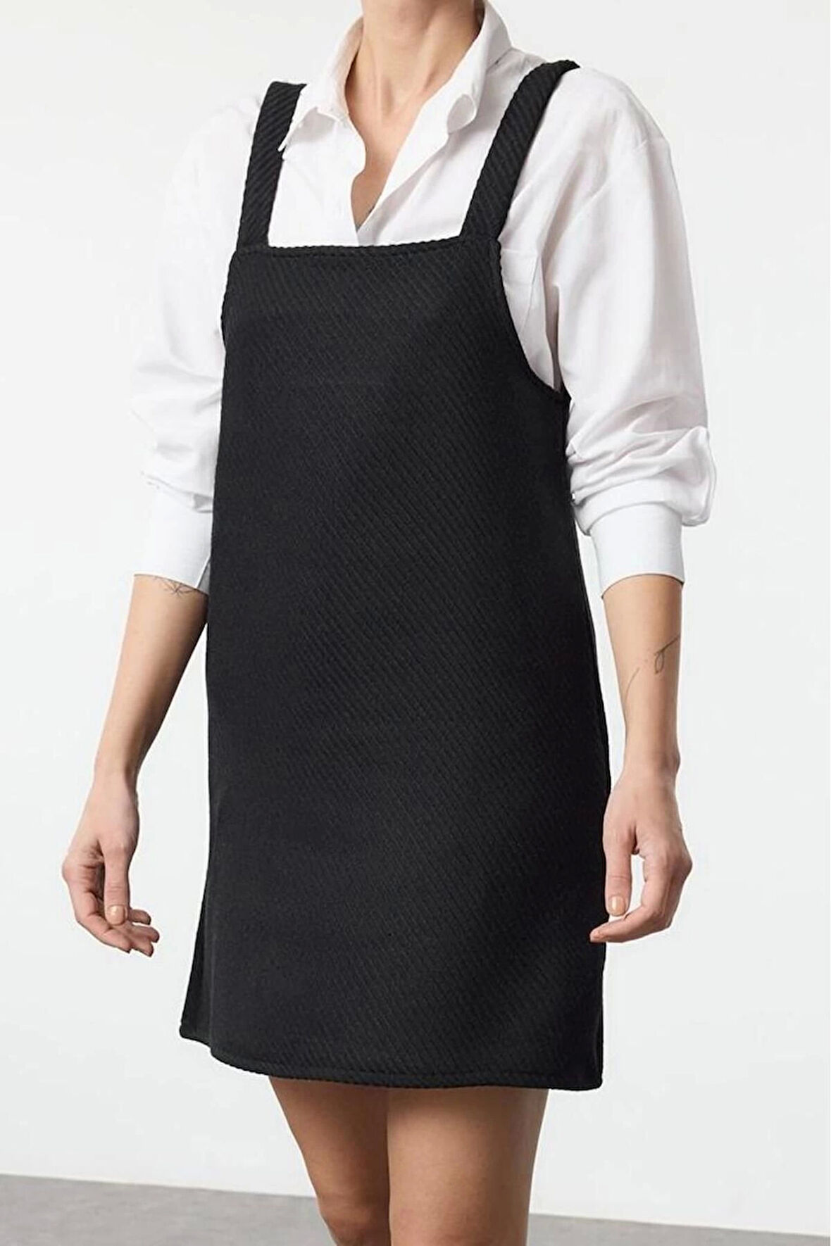 Moda Stil Regular Kare Yaka Mini Boy Balıksırtı Jile Dokuma Elbise