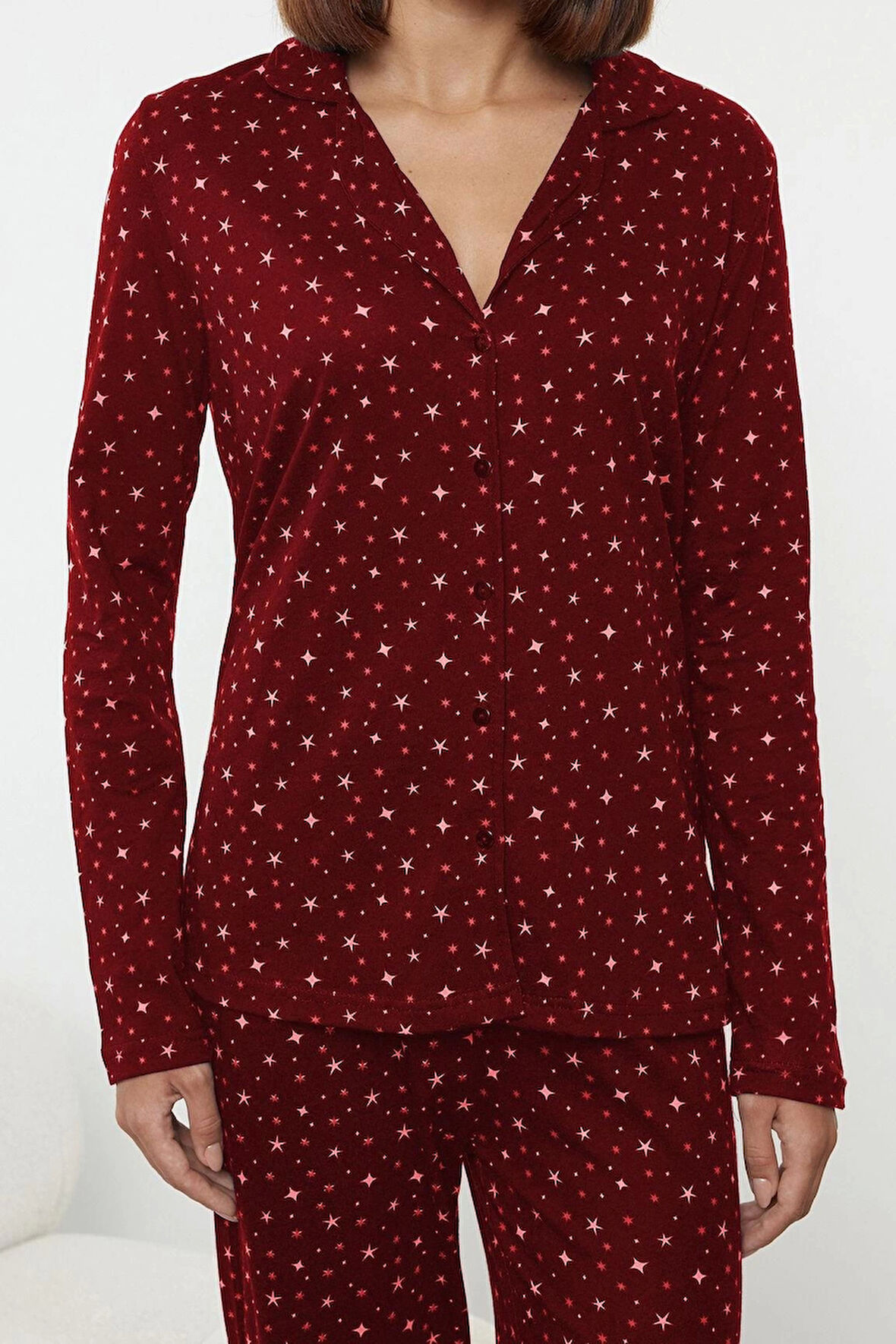 Tarz Rahat Uzun Kollu Geniş Paça %100 Pamuklu Galaksi Desenli Örme Pijama Takımı