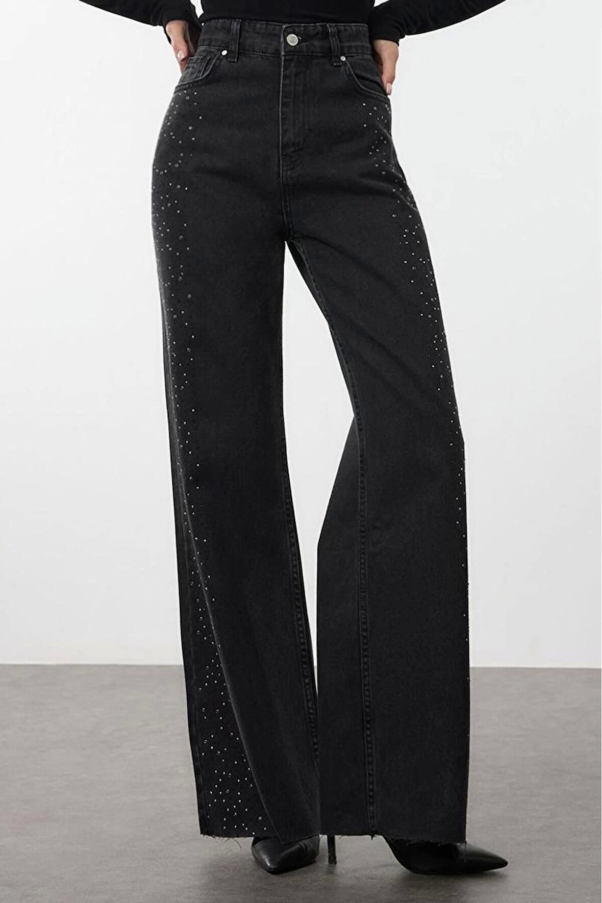 Stil Kadın Moda Denim Kot Pantolon Uzun Geniş Paça Taşlı Yüksek Bel Jeans