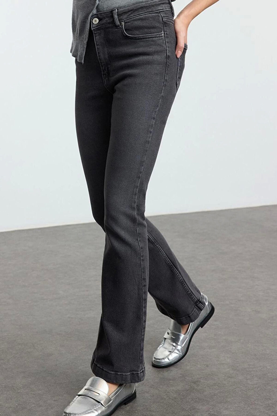 Stil Kadın Moda Denim Kot Pantolon Uzun İspanyol Paça Yüksek Bel Jeans