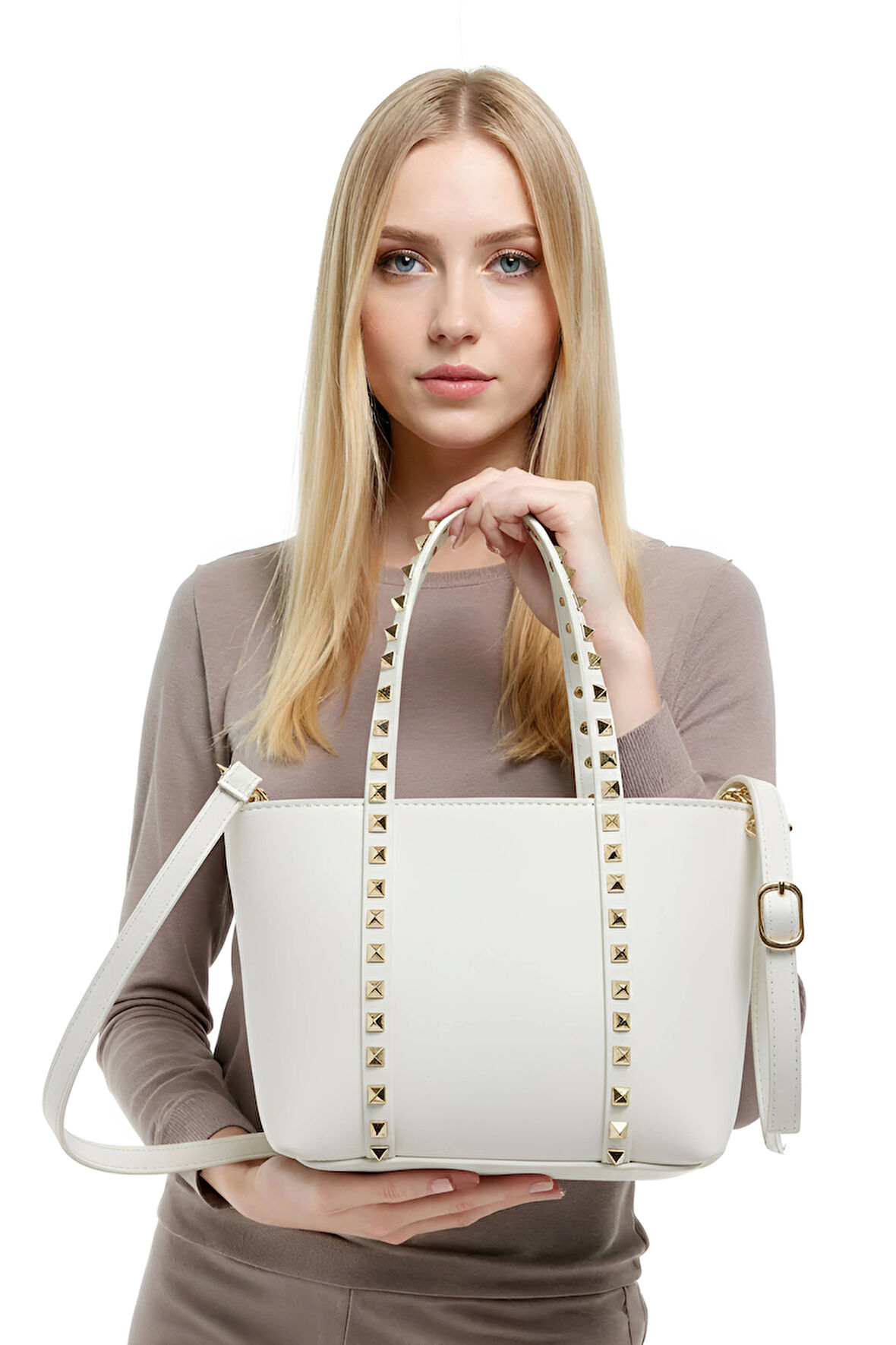 Kadın Şık PU Deri El Ve Omuz Çantası Zımba Detaylı Fermuarlı Cepli Haftasonu Kullanım