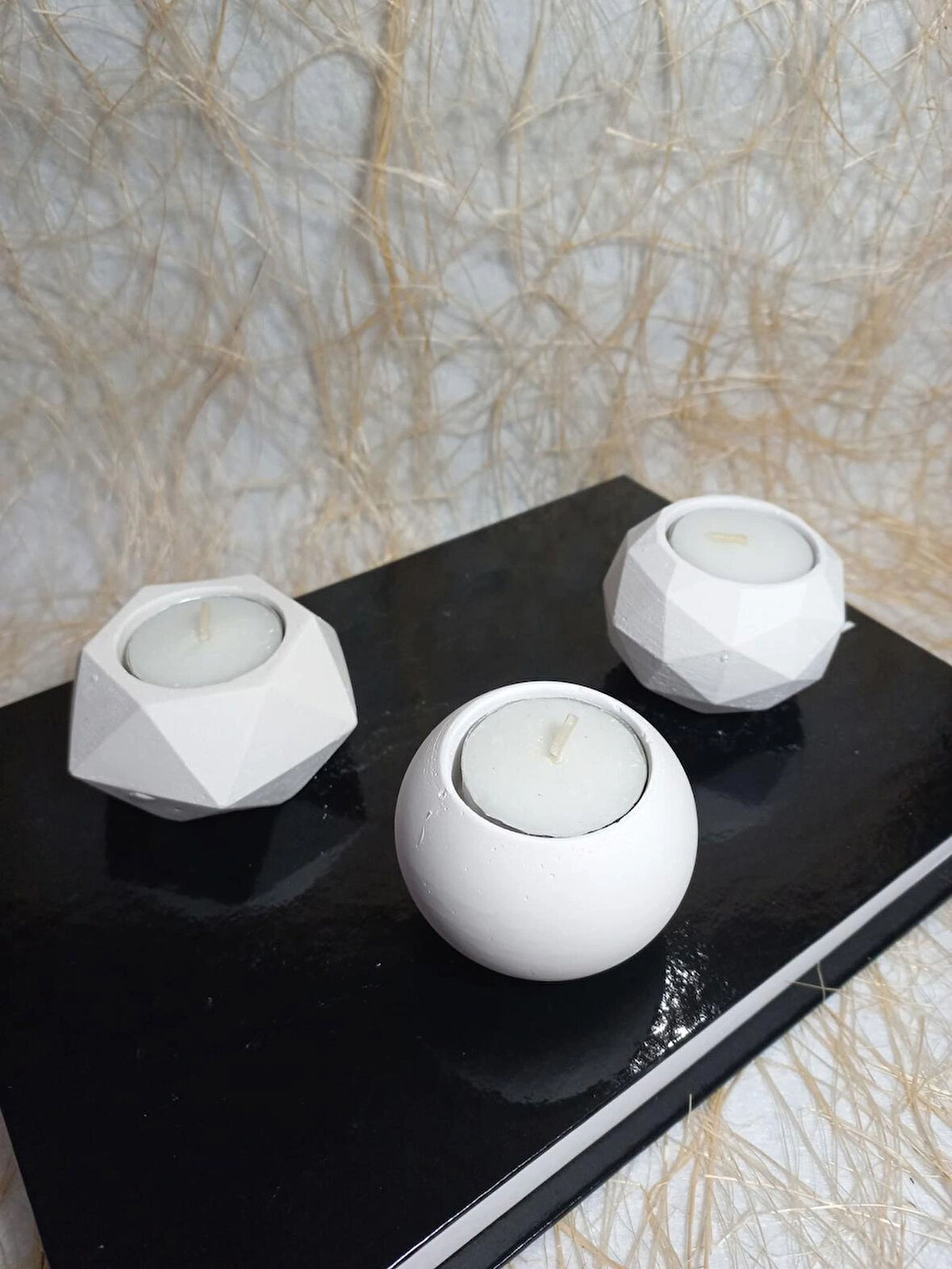 Geometrit Desenli Beyaz 3'lü Mumluk Set, Dekoratif Masa Sehpa Üstü Aksesuar
