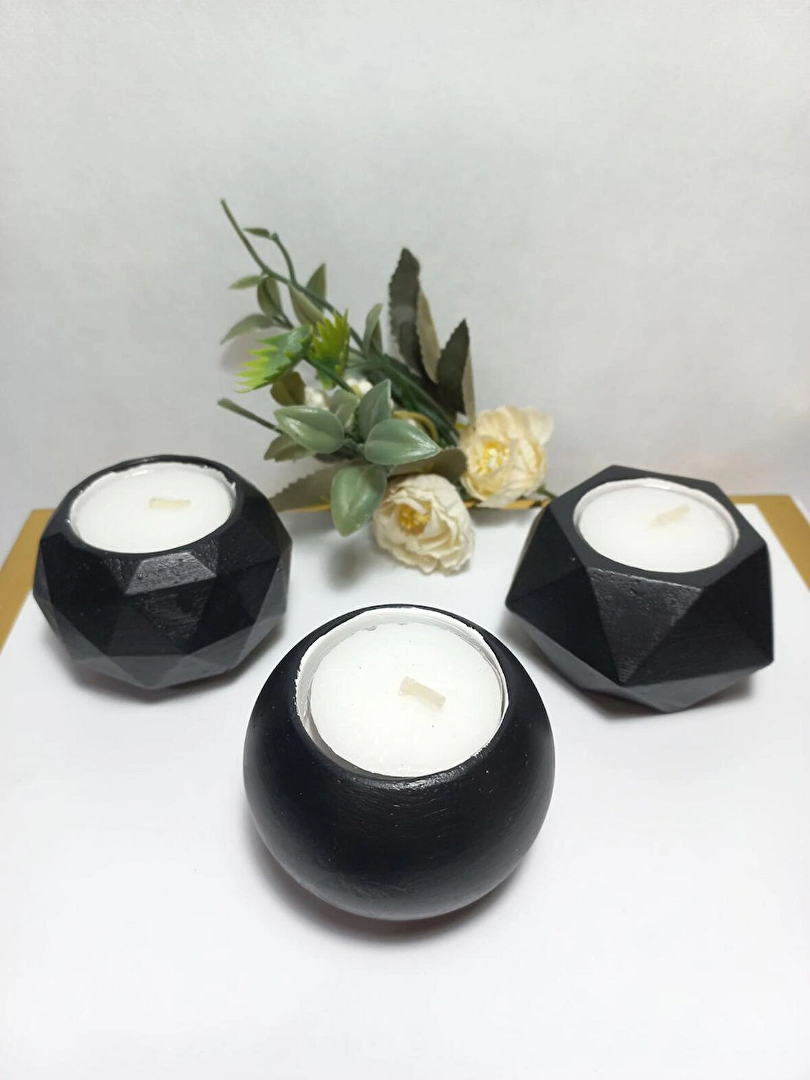 Geometrit Desenli Siyah 3'lü Mumluk Set, Dekoratif Masa Sehpa Üstü Aksesuar