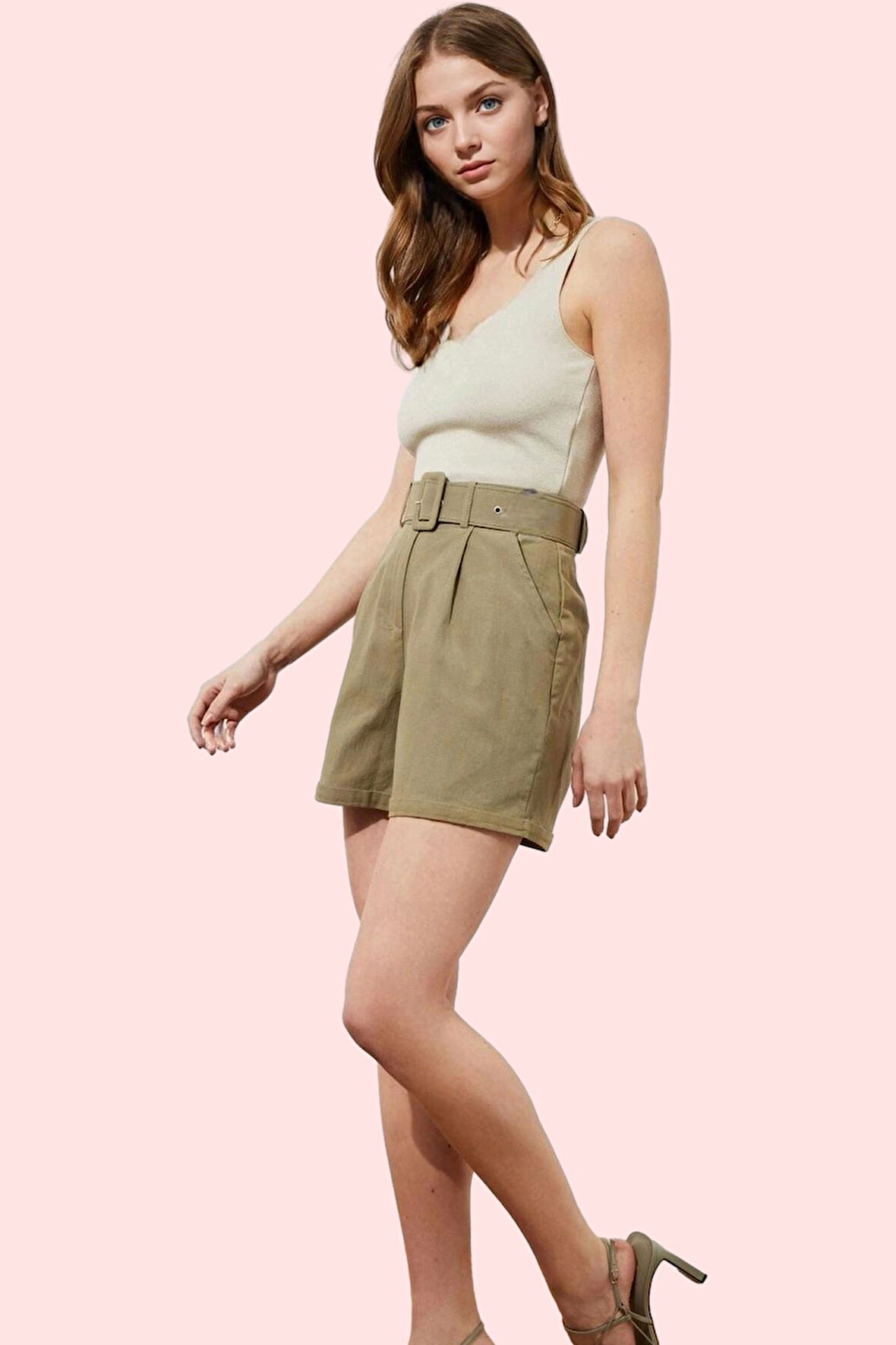 Kadın Pamuk Gabardin Straight Şort; Yüksek Bel Çift Cep Kısa Boy Günlük Kombinler Hafta Sonu