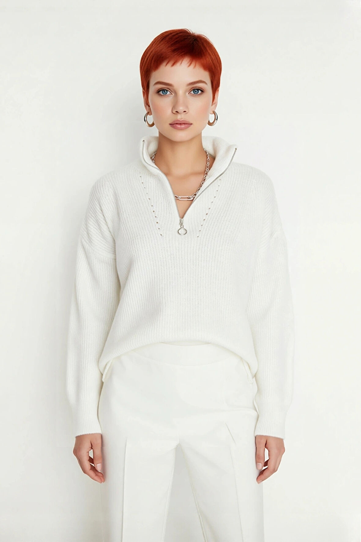 Kadın Oversize Basic Dokulu Uzun Kollu Fermuarlı Dik Yaka Selanik Örgü Triko Kazak Kaliteli