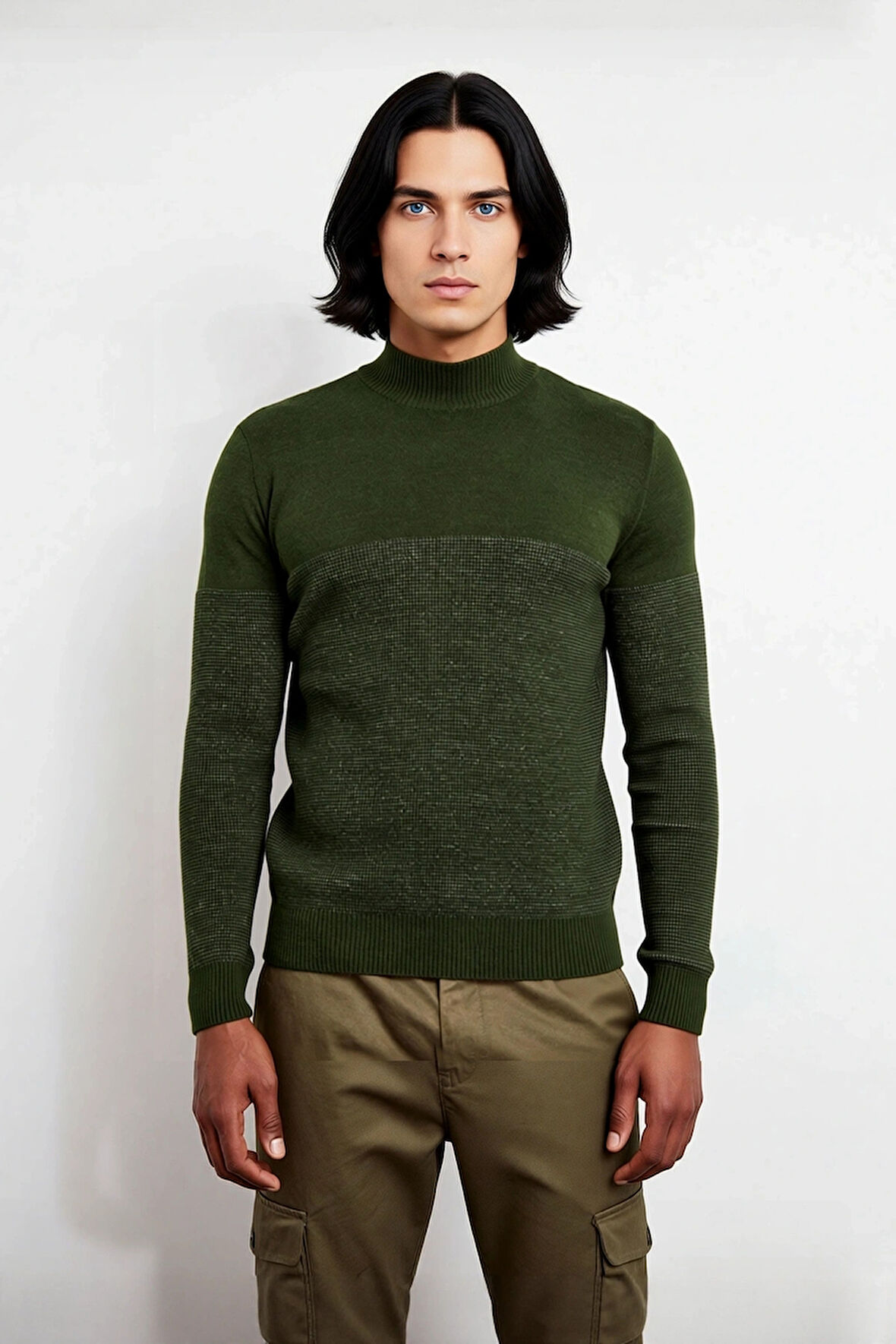 Erkek Haki Renk Yüksek Yaka Triko Kazak Dokulu Deseniyle Sonbahar Kış Şıklığını Yakalayın Kaliteli