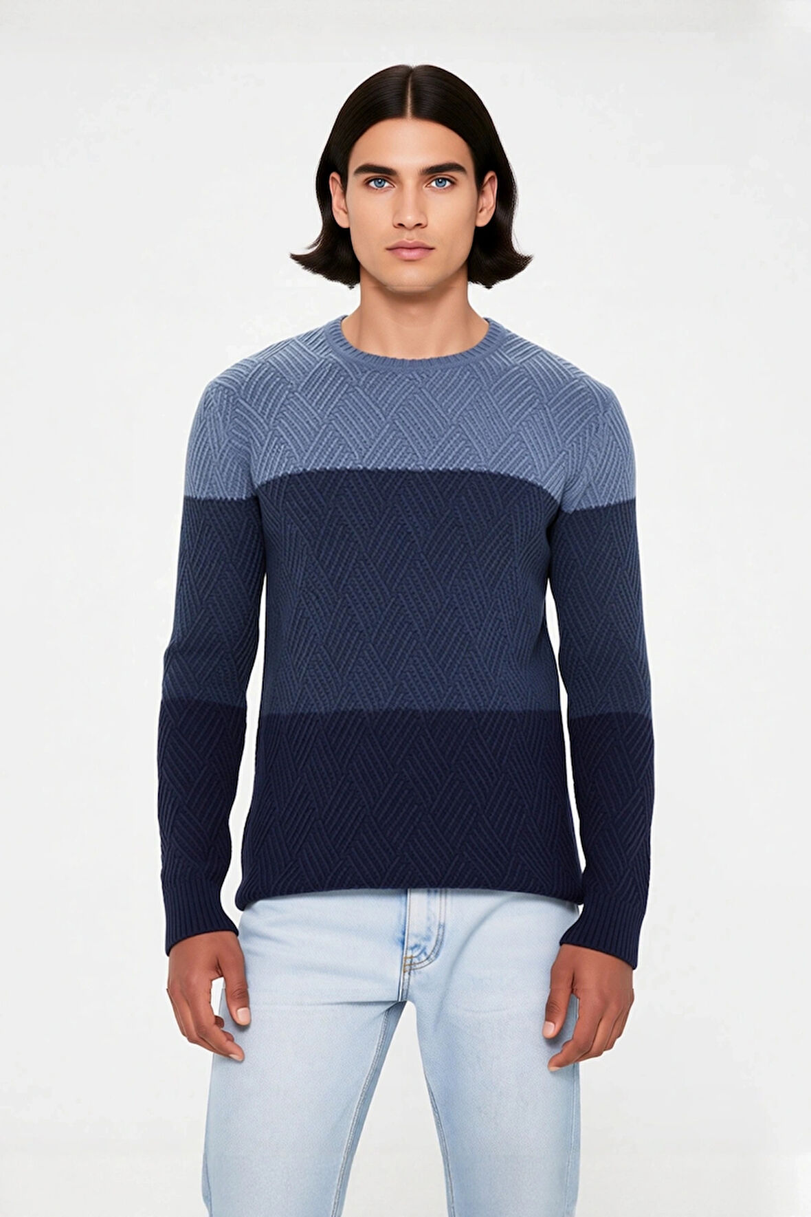 Erkek Triko Regular Kalıp Bisiklet Yaka Renk Bloklu Uzun Kollu Kazak Soğuk Havalara Özel Kaliteli