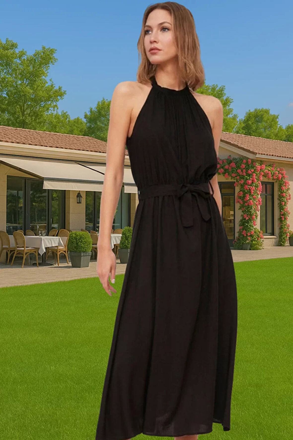 Şık Halter Yaka Midi Viskoz Elbise A Kesim Kuşak Detayı ile Dayanıklı Malzeme Dayanıklı Malzeme