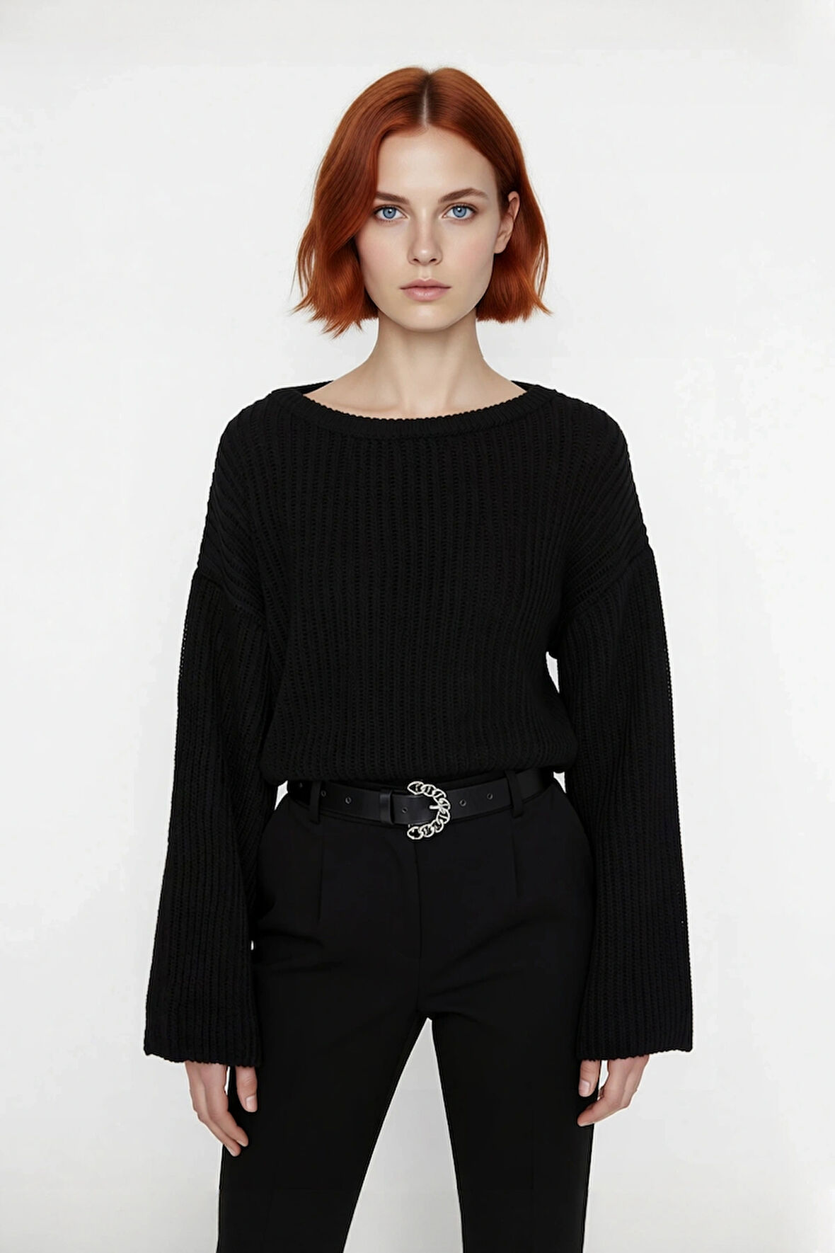 Kadın Gri %100 Akrilik Oversize Selanik Dokuma Bisiklet Yaka İspanyol Kol Crop Triko Kazak