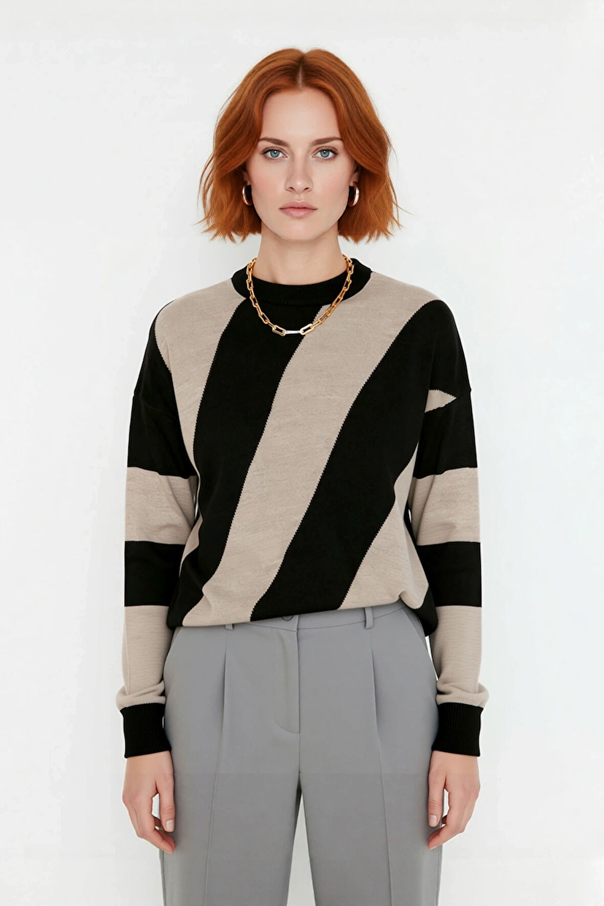 Kadın Düşük Kol Bisiklet Yaka Triko Kazak Renk Bloklu Tasarımıyla Kış Kombinleri İçin Kaliteli