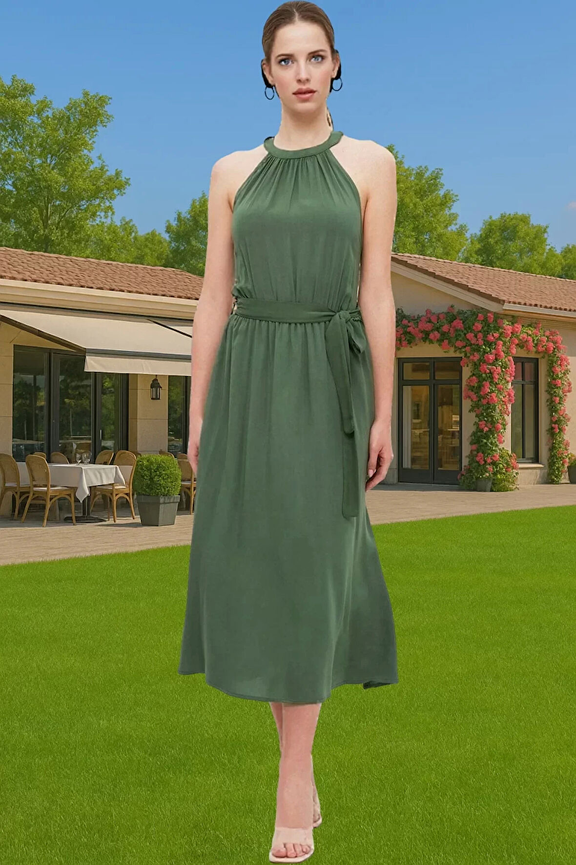 Şık Halter Yaka Midi Viskoz Elbise A Kesim Kuşak Detayı ile Dayanıklı Malzeme Dayanıklı Malzeme