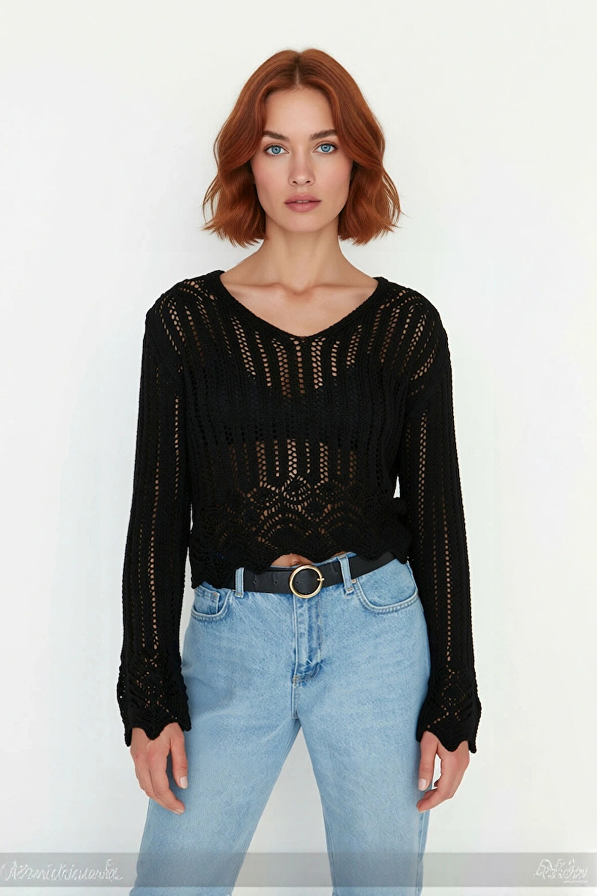 Kadın İnce Akrilik Triko Kazak V Yaka Ajurlu Detaylı Regular Kesim Rahat Günlük Giyim Kaliteli