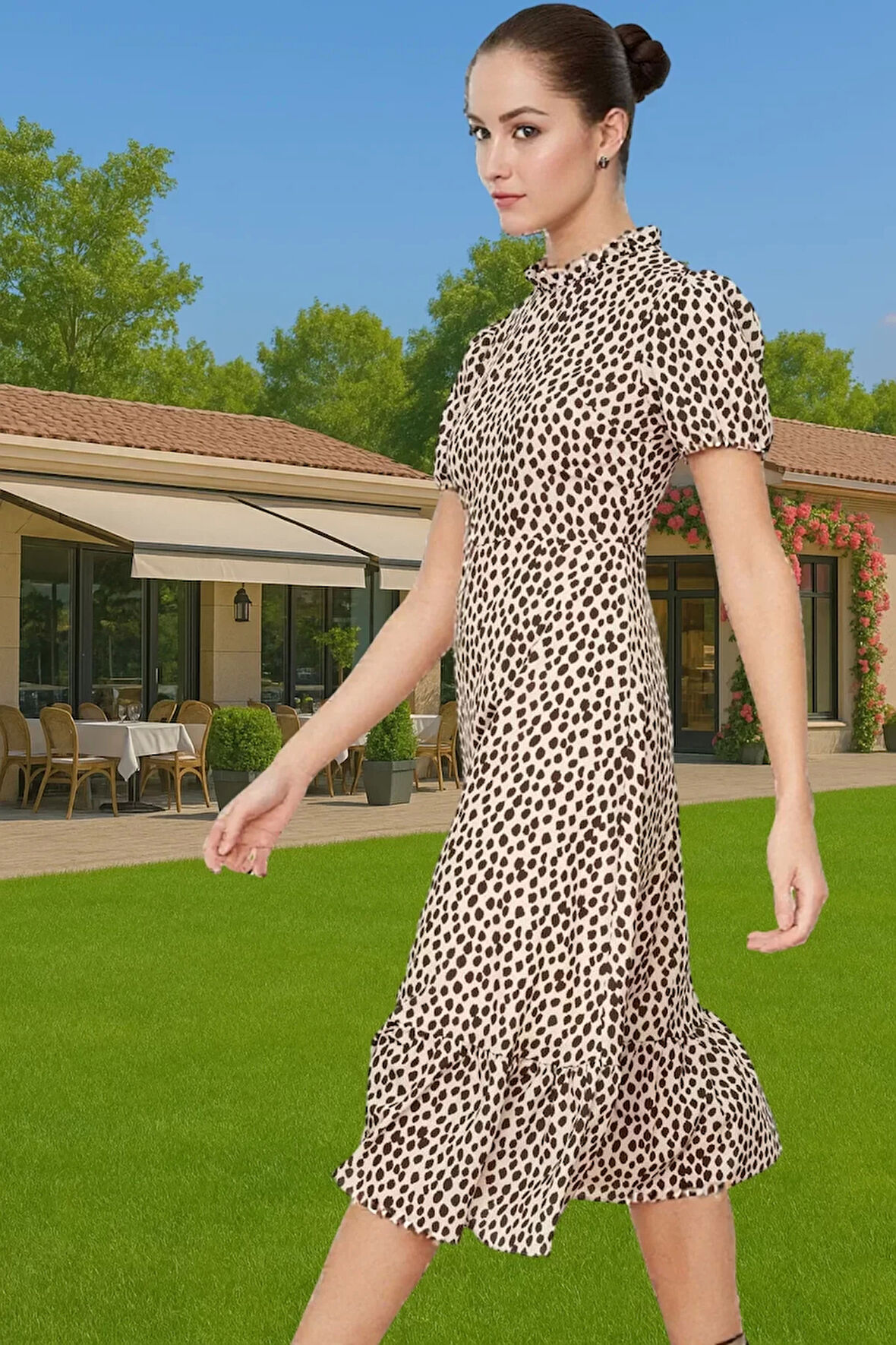 Şık A Kesim Midi Elbise Balon Kol Polyester Dokuma Yazlık Konforlu Kesim Rahat Ve Şık Seçkin Malzeme