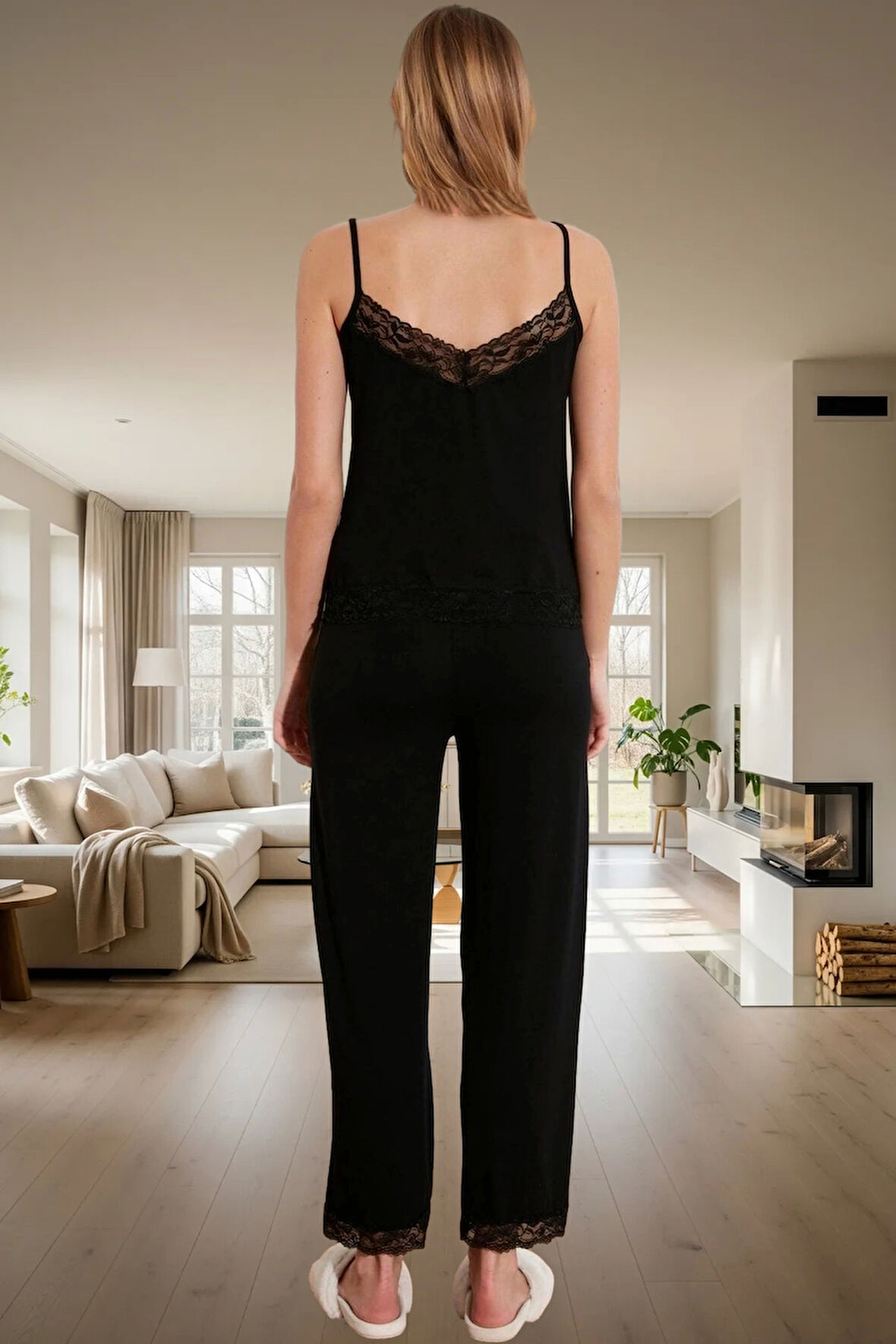 Rahat Viskoz Pijama Takımı Renk Dantel Detay İnce Askılı V Yaka 2'li Takım