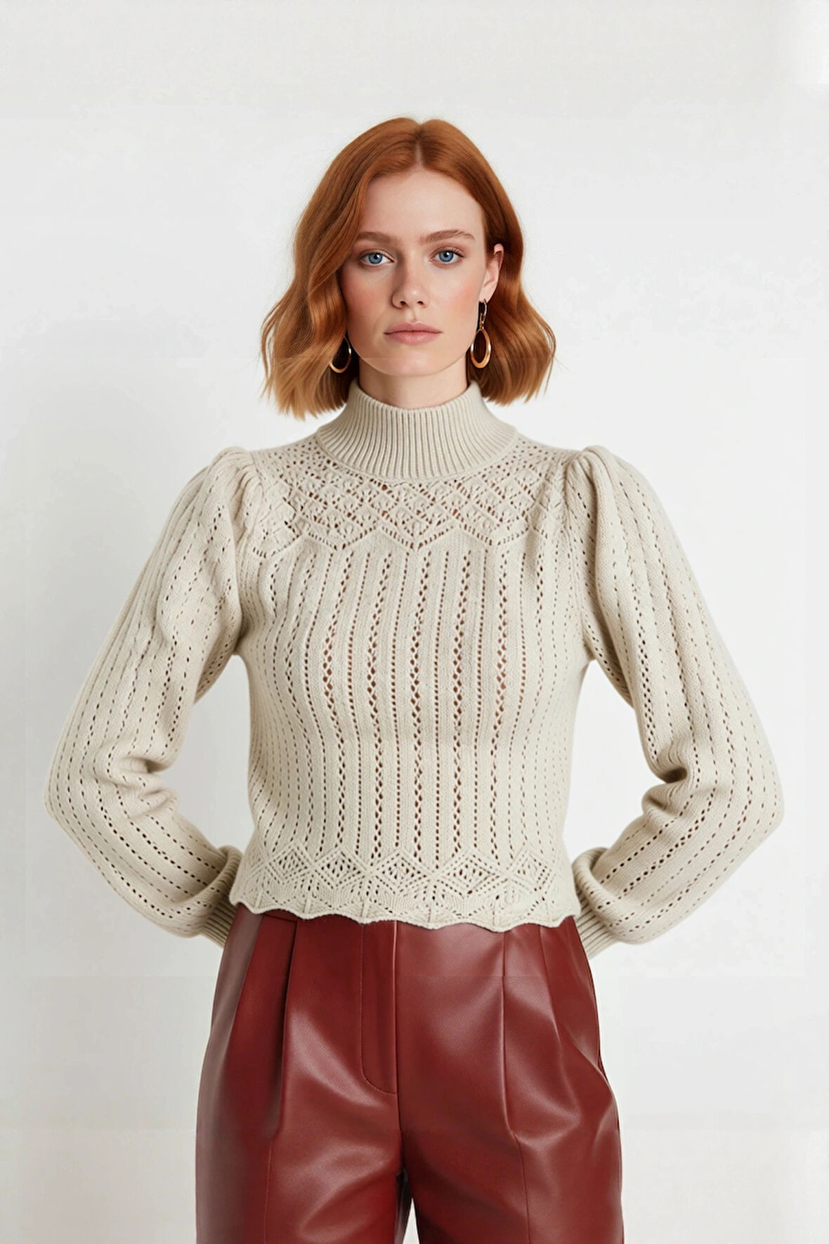 Kadın Ajurlu Örgü Detaylı Dik Yaka Fitted Crop Kazak Balon Kolları İle Kışa Özel Trend Bir Stil