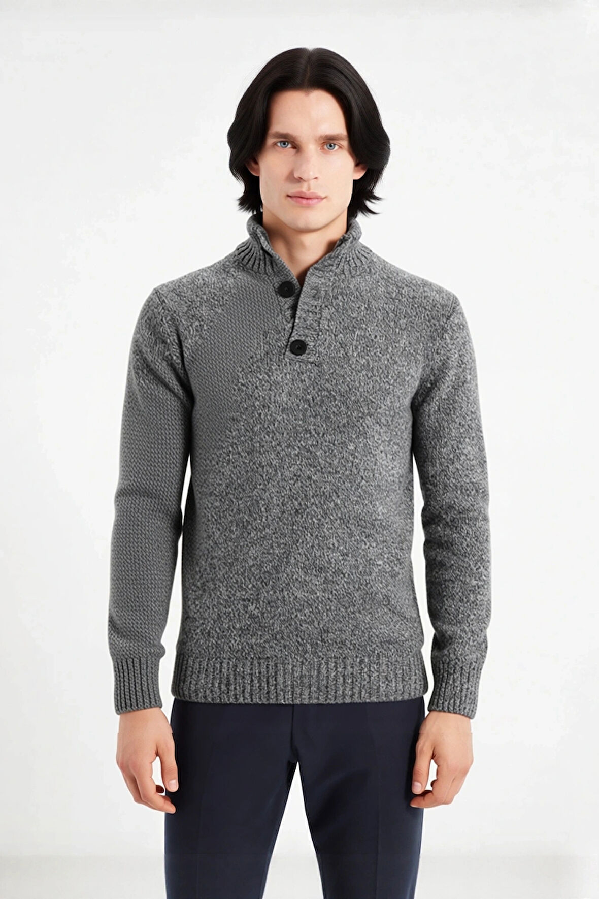 Erkek Modern Düğmeli Dik Yaka Fitted Kalıp Triko Kazak Soğuk Kış Günleri İçin İdeal Şık Seçim