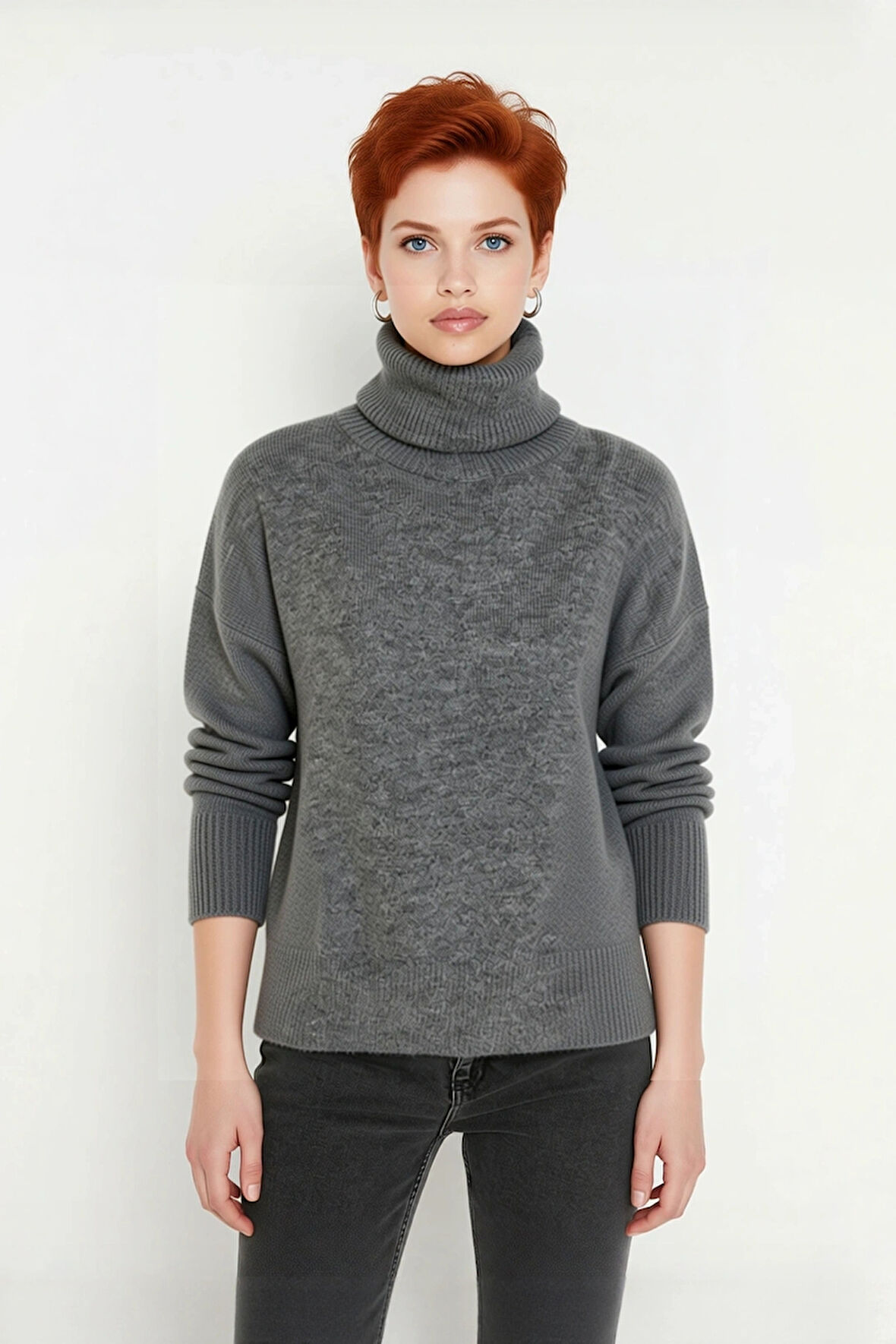 Kadın Oversize Kalıp Düz Balıkçı Yaka Triko Kazak Uzun Düşük Kol Günlük Basic Giyim Şıklığı