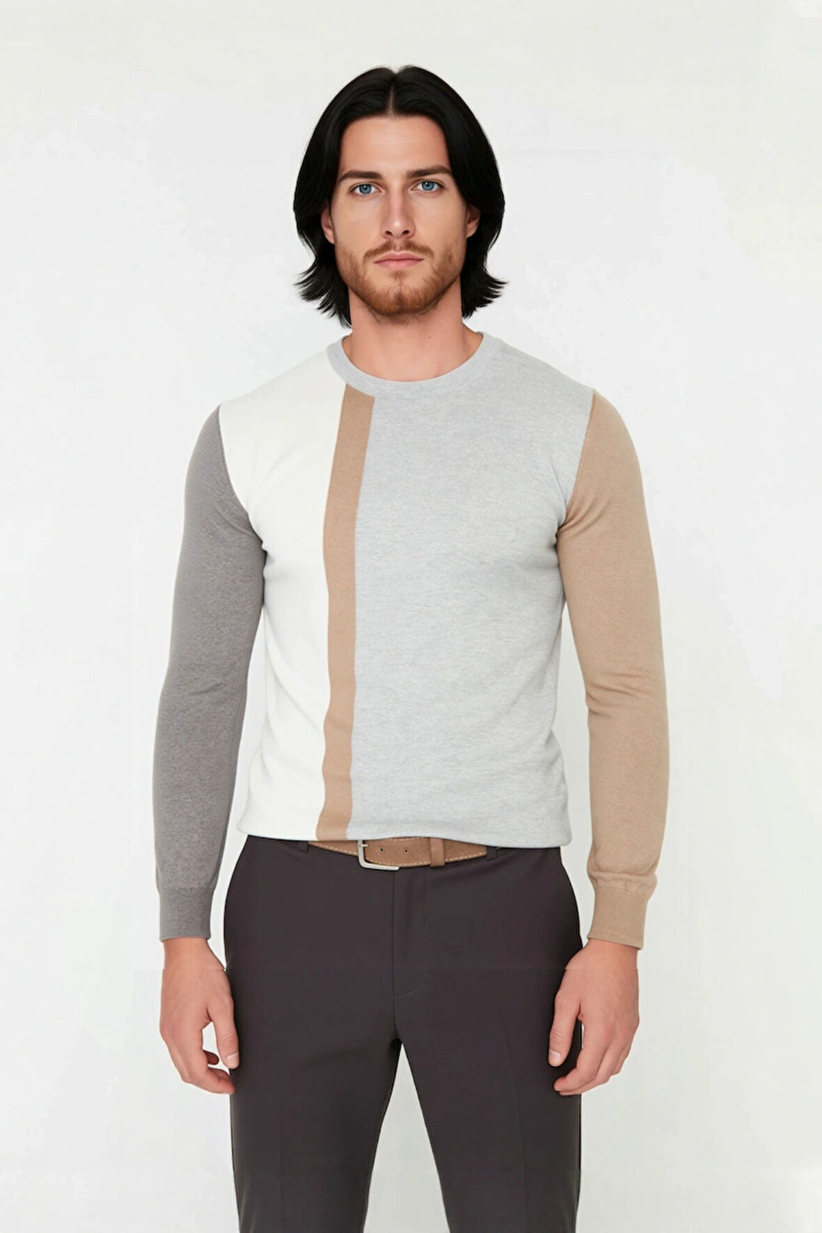 Erkek Basic Siluet Bisiklet Yaka Renk Bloklu Uzun Kollu Fitted Kalıp İntersia Triko Kazak Kaliteli