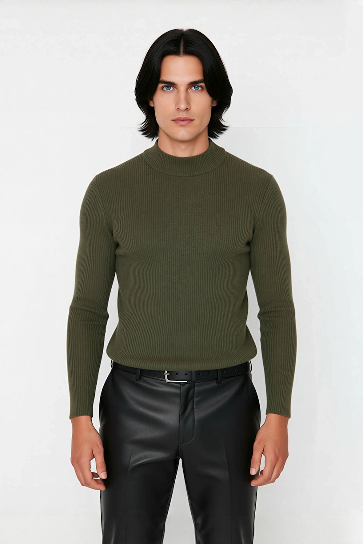 Erkek Dik Yaka Uzun Kol Fitilli Dar Kalıp Triko Kazak Kış Sezonu İçin Modern ve Konforlu Stil